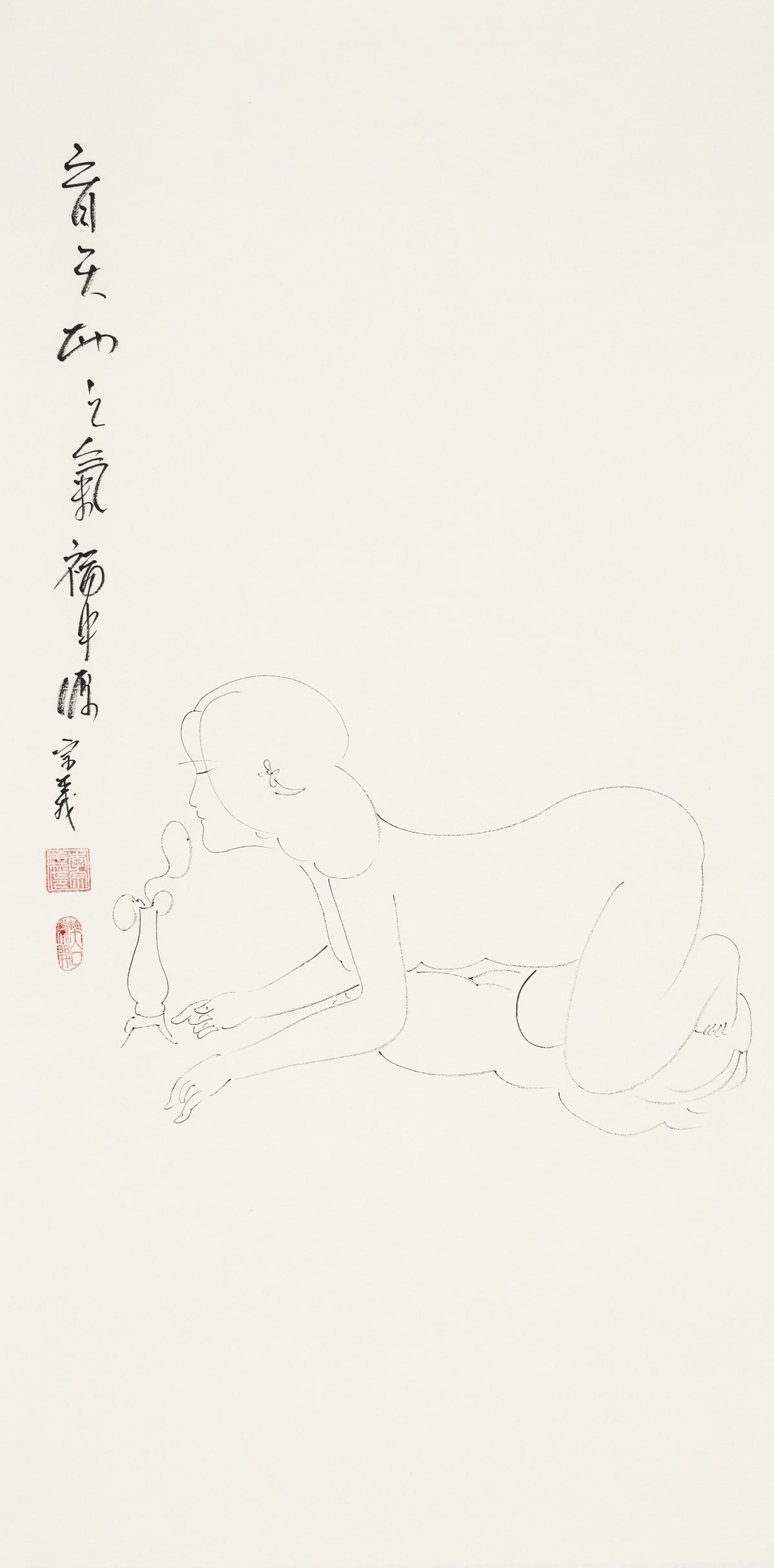 三月天地之气福中源 - 李宗义手绘水墨白描仕女画 | Spring's Vital Breath, the Wellspring of Blessing - Li Zongyi Hand-Painted Chinese Baimiao Ink Lady Painting | 三月の天地の気、福の源 - 李宗義手描き水墨白描仕女画