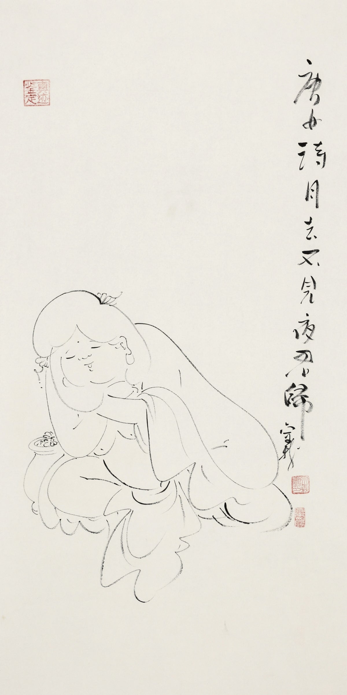 唐女诗月去 不见夜君归 - 李宗义手绘水墨白描仕女画 | A Tang Lady Watches the Moon; Her Lord Returns Not Tonight - Li Zongyi Hand-Painted Chinese Baimiao Ink Lady Painting | 唐女、月に詩し君の帰りを待つ - 李宗義手描き水墨白描仕女画