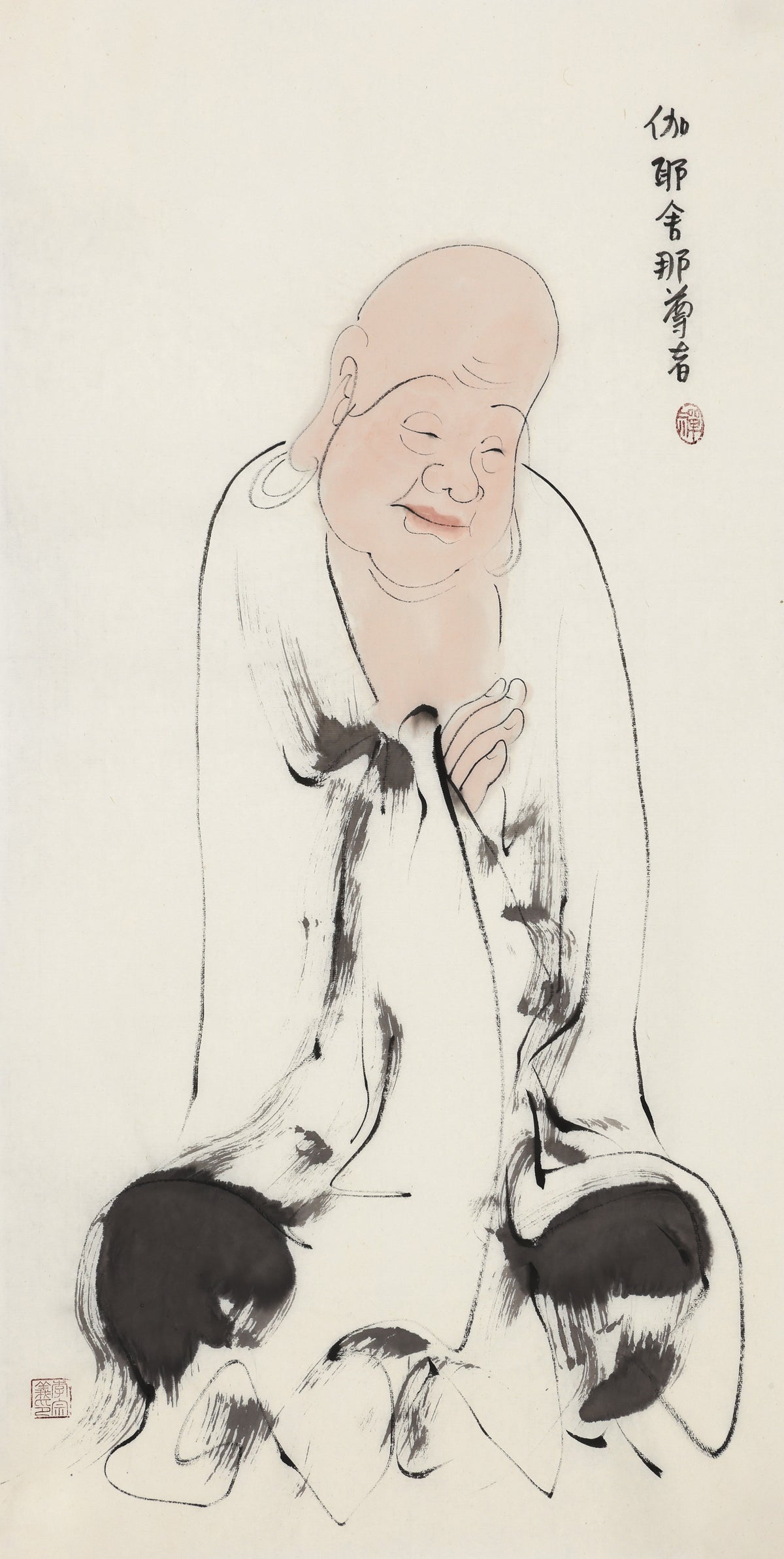 Five Hundred Arhats No.44 The Venerable Qiyashena, Li Zongyi hand-painted Chinese ink Zen figure