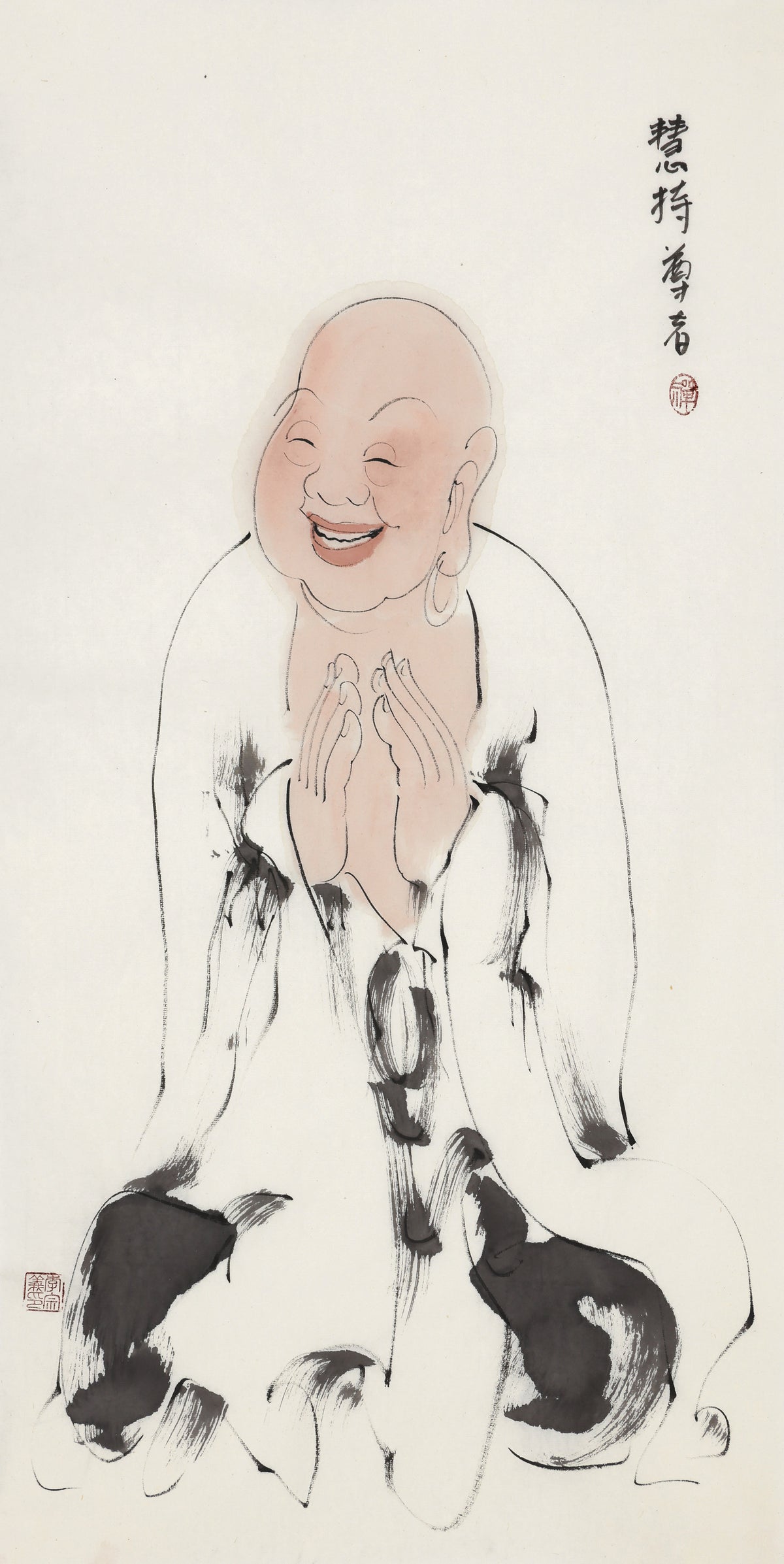 Five Hundred Arhats No.136 The Venerable Upholder of Wisdom, Li Zongyi hand-painted Chinese ink Zen figure