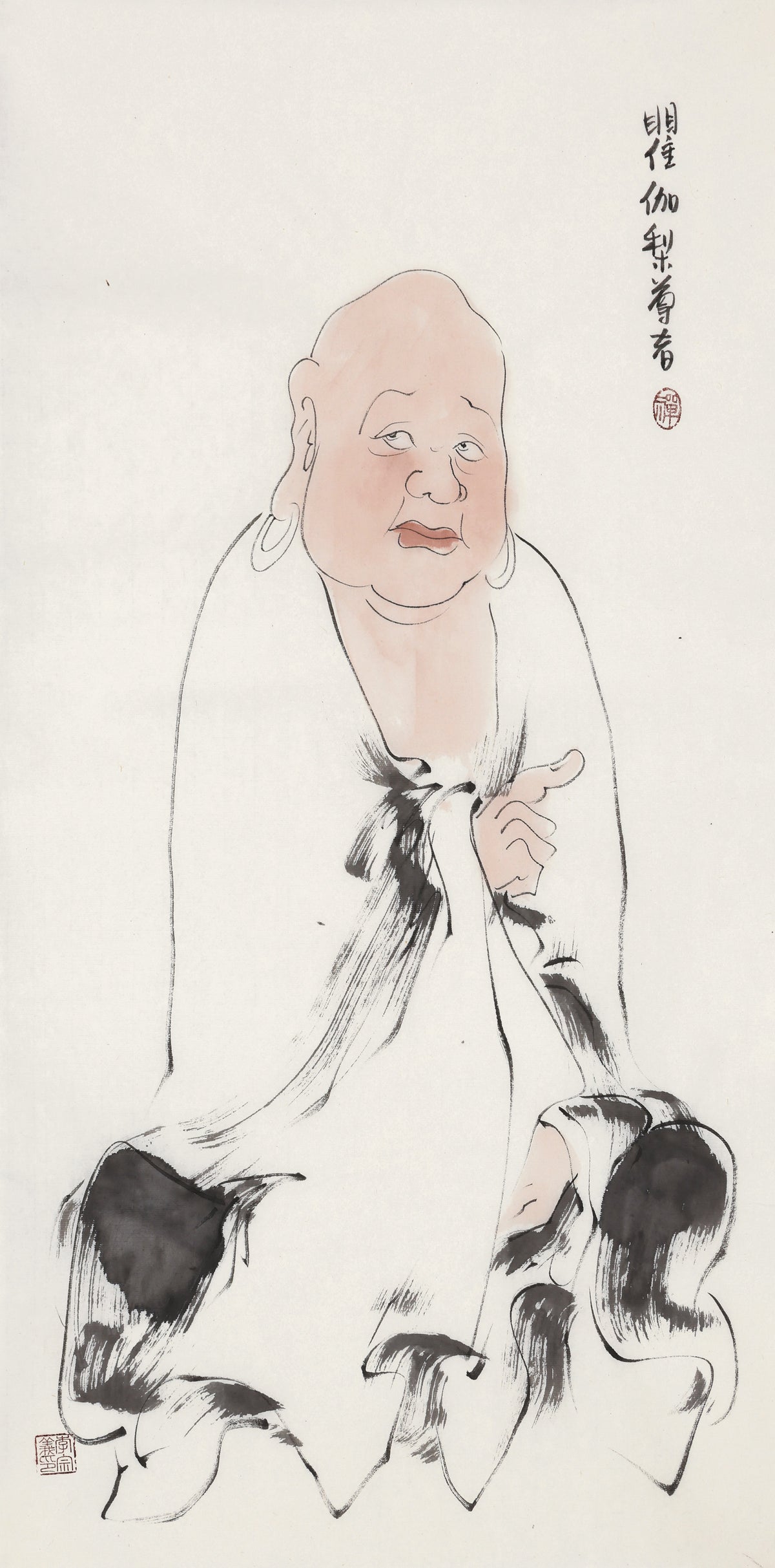 五百羅漢 第370尊 瞿伽梨尊者(漢訳音写名) 李宗義手描き水墨の禅人物画
