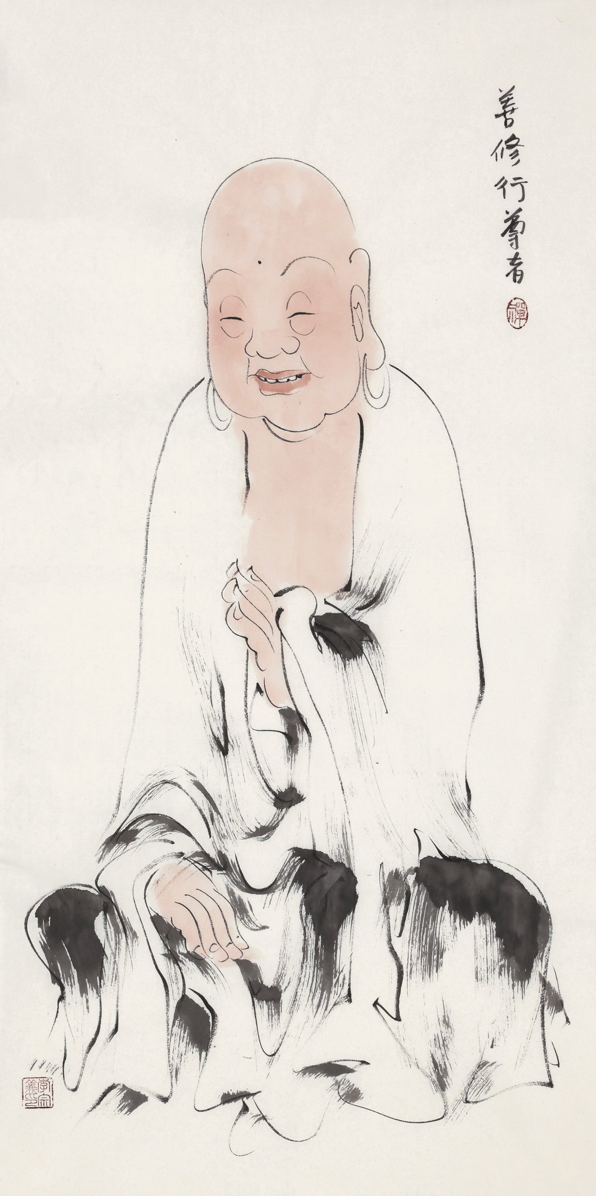 Five Hundred Arhats No.378 The Venerable Skilled in Practice, Li Zongyi hand-painted Chinese ink Zen figure