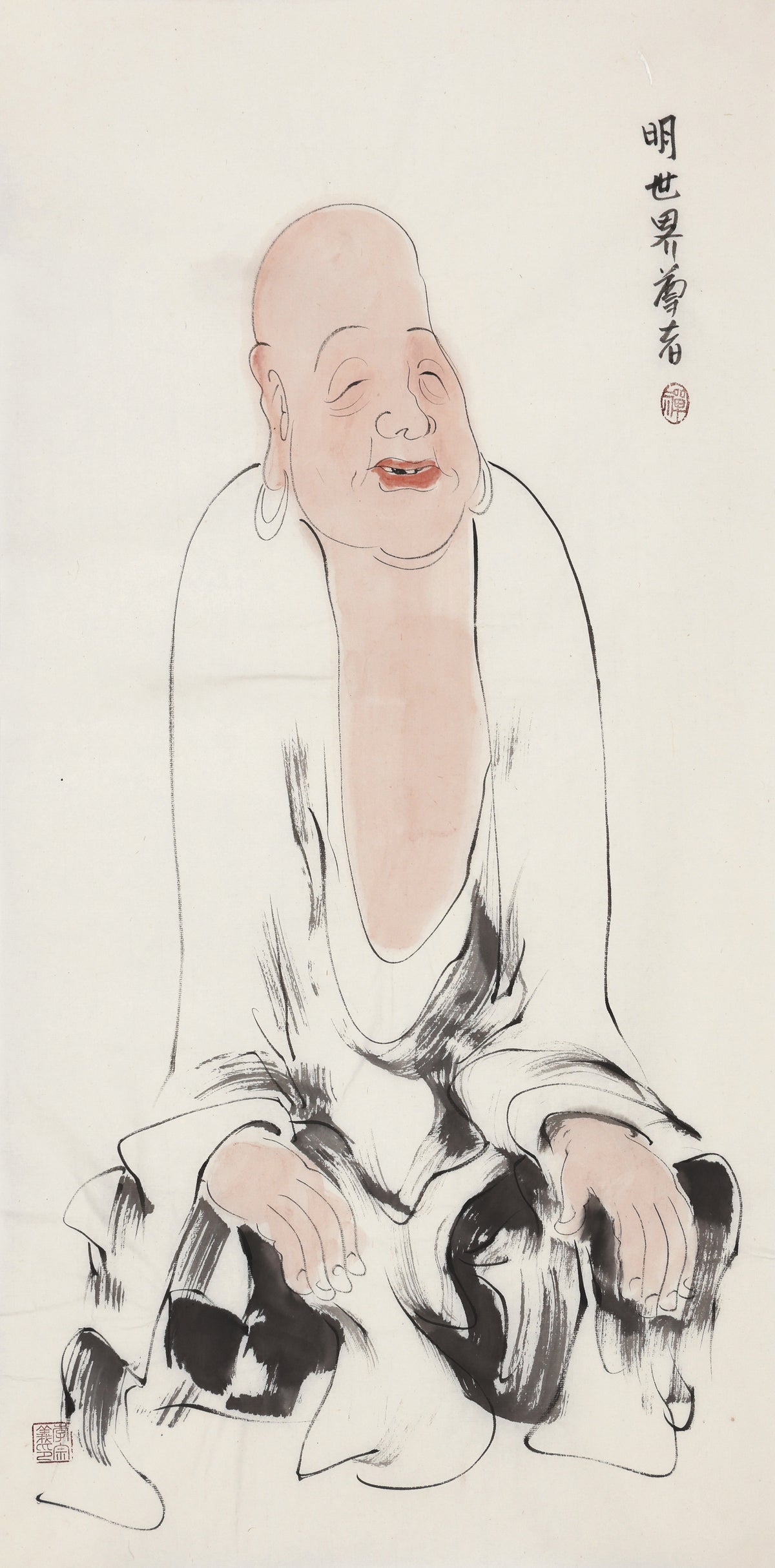 五百罗汉第413尊 明世界尊者 李宗义手绘水墨禅意人物画