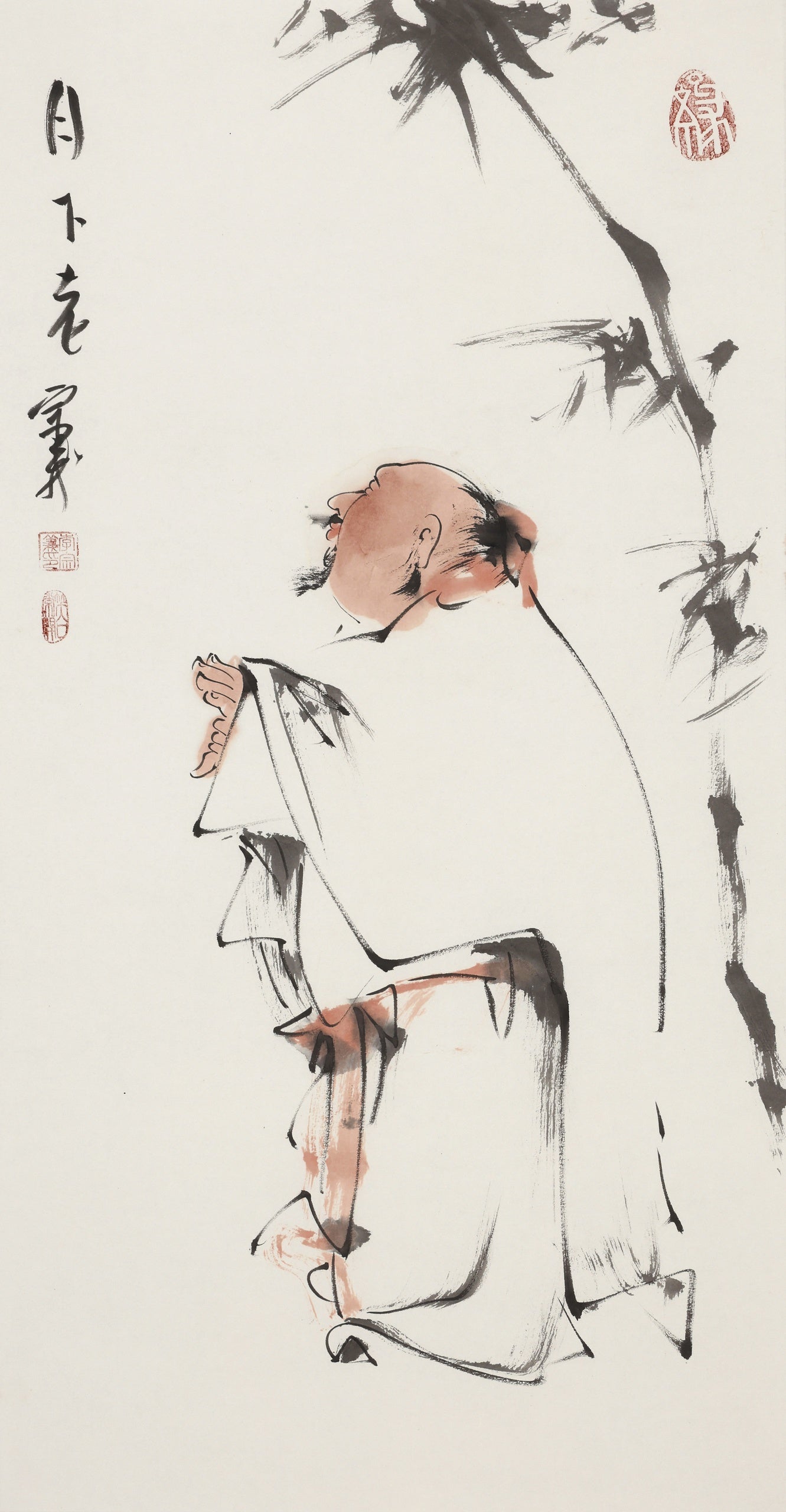 笑い『月下の老人』手描き水墨人物画 | Treascol Collection