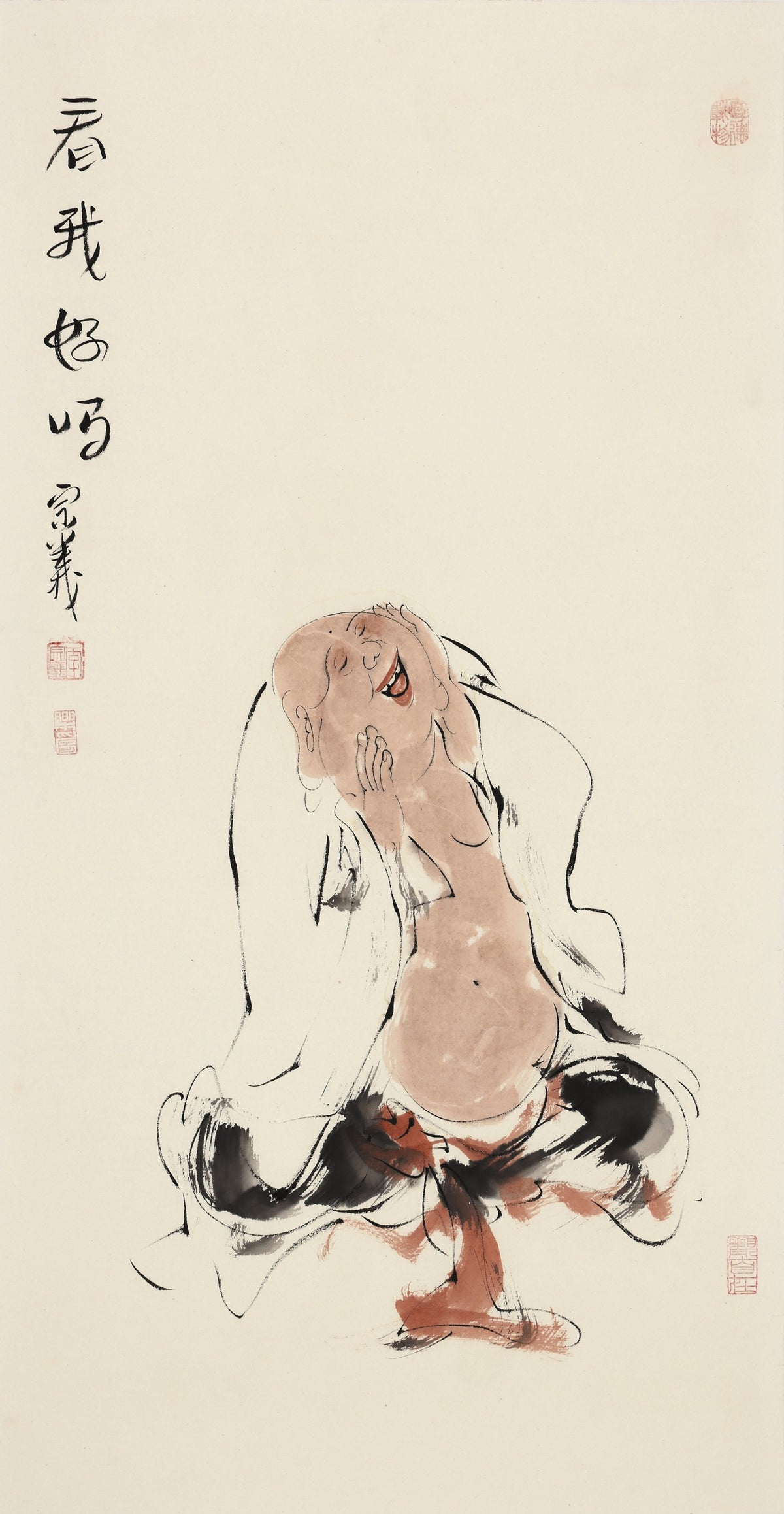 笑 | 看我好吗|传统手绘水墨国画人物画|100*50cm
