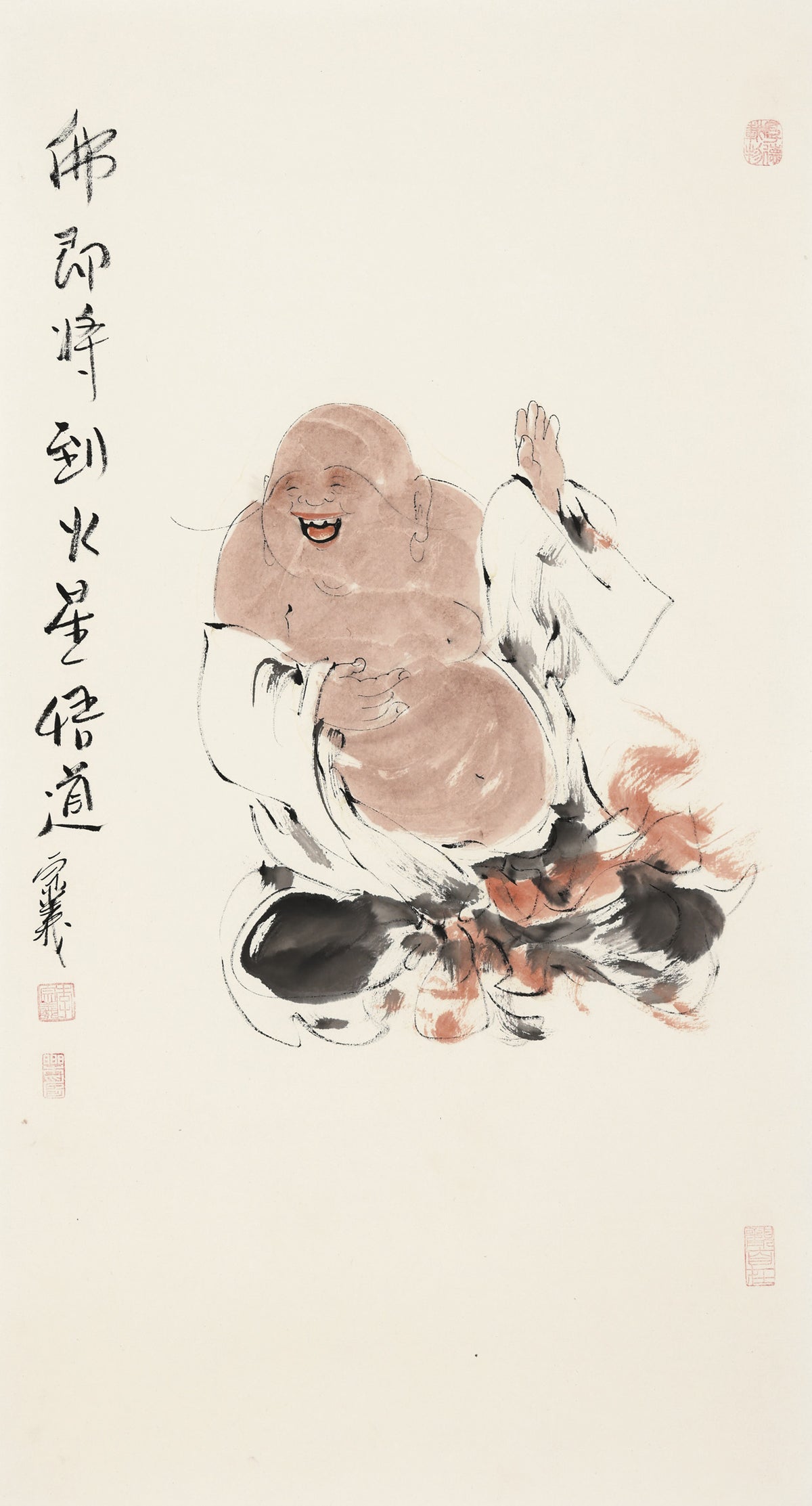 笑 | 佛即将到火星悟道|传统手绘水墨国画人物画|101*54cm