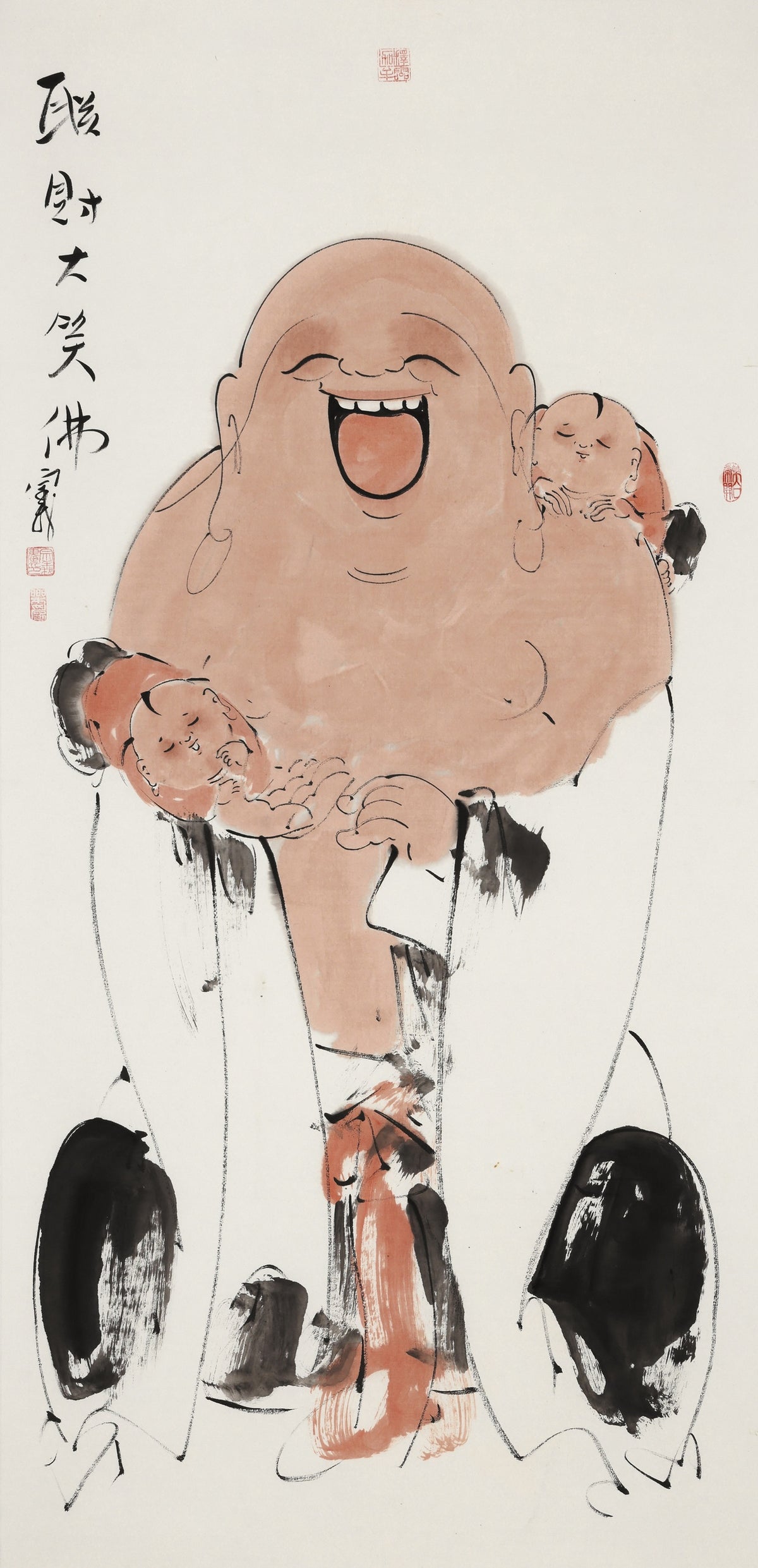 笑 | 招财大笑佛|传统手绘水墨国画人物画|139*69cm
