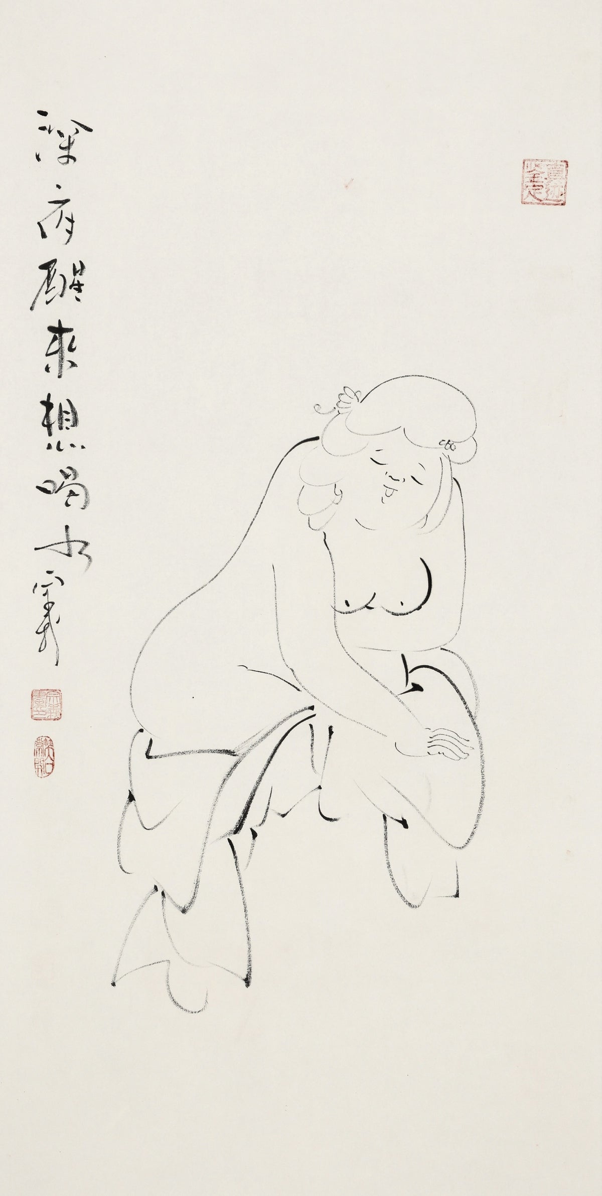 深夜醒来想喝水 - 李宗义手绘水墨白描仕女画 | Waking at Night, Wanting a Sip of Water - Li Zongyi Hand-Painted Chinese Baimiao Ink Lady Painting | 夜中に目覚め水を飲みたい - 李宗義手描き水墨白描仕女画