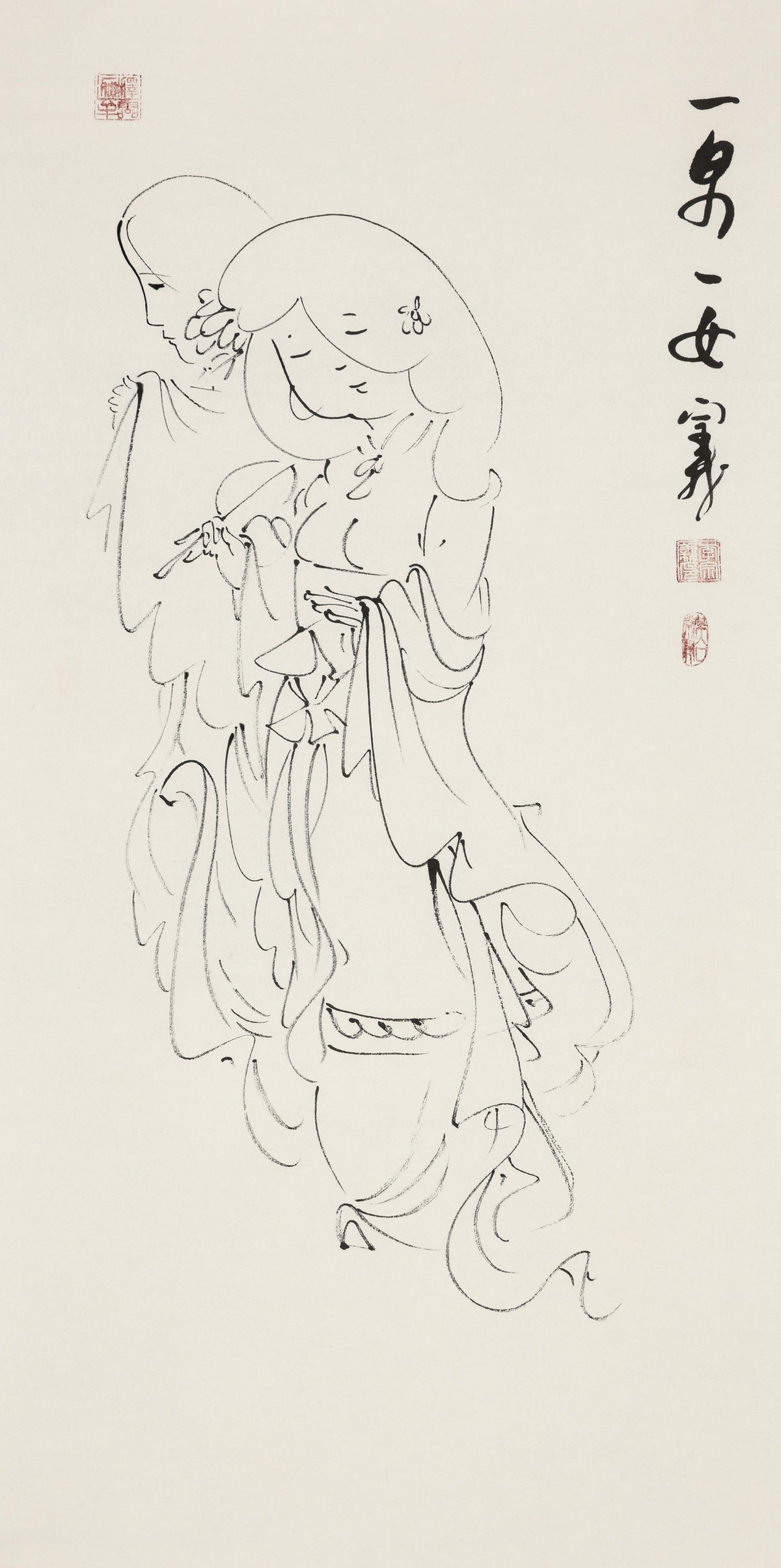 一男一女 - 李宗义手绘水墨白描仕女画 | A Man and a Woman - Li Zongyi Hand-Painted Chinese Baimiao Ink Lady Painting | 男と女 - 李宗義手描き水墨白描仕女画
