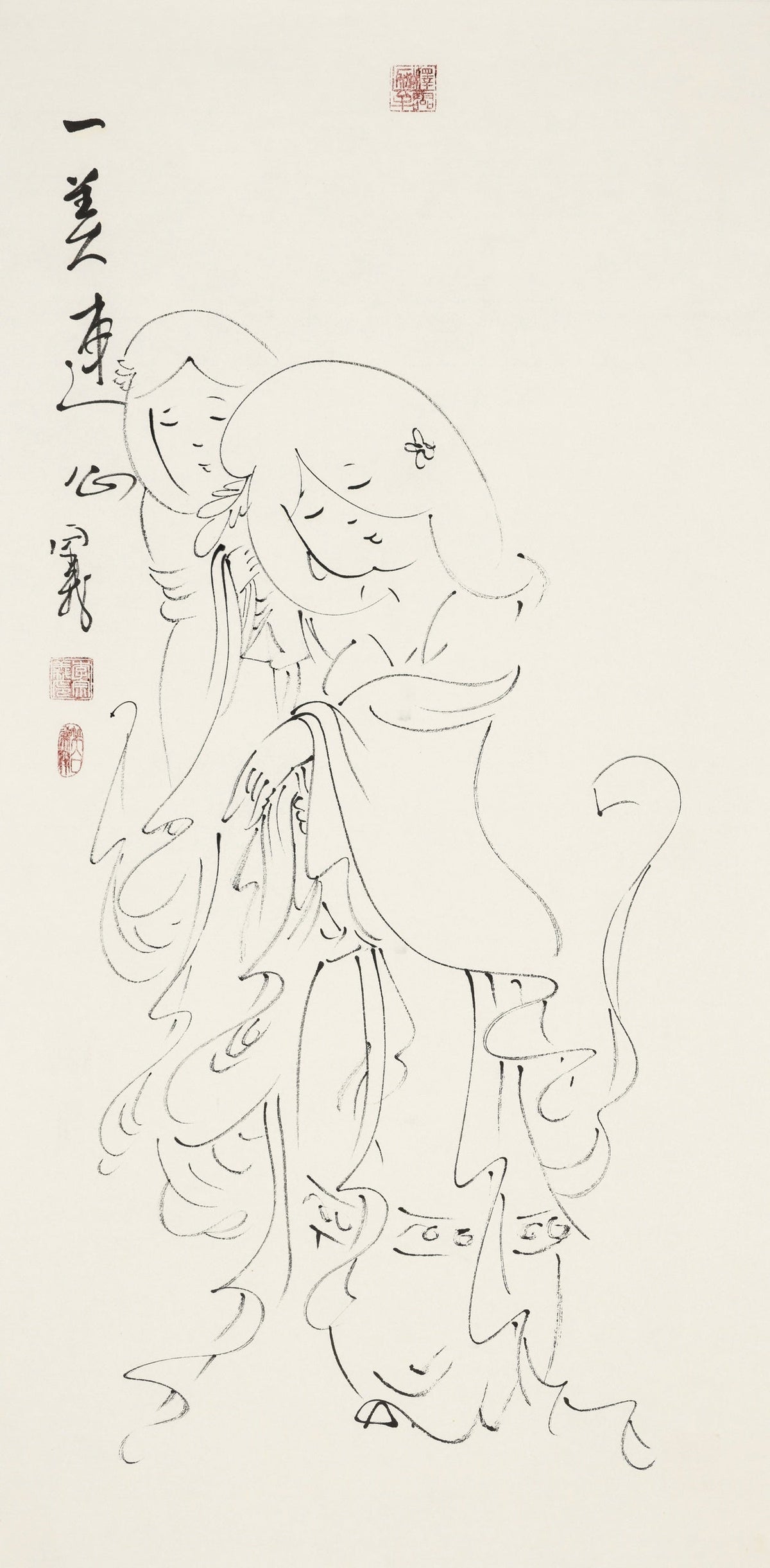 一美连心 - 李宗义手绘水墨白描仕女画 | One Beauty, Hearts Joined - Li Zongyi Hand-Painted Chinese Baimiao Ink Lady Painting | 美に結ばれる心 - 李宗義手描き水墨白描仕女画