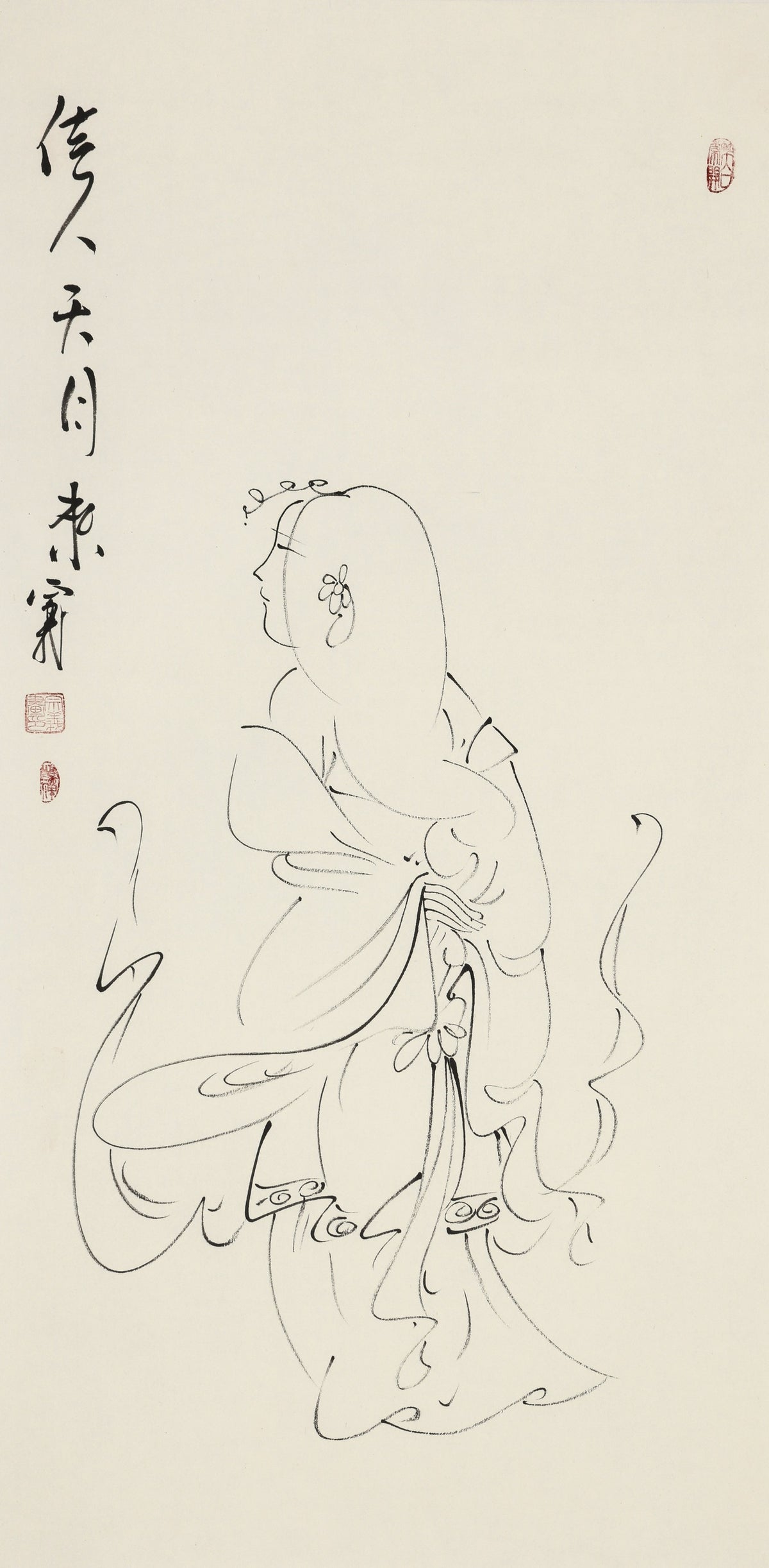 佳人天月来 - 李宗义手绘水墨白描仕女画 | A Beauty Descends from the Moonlit Heavens - Li Zongyi Hand-Painted Chinese Baimiao Ink Lady Painting | 天月より来たる佳人 - 李宗義手描き水墨白描仕女画