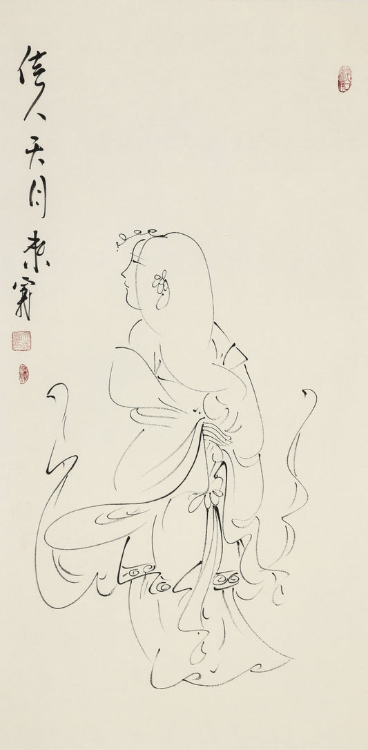 佳人天月来 - 李宗义手绘水墨白描仕女画 | A Beauty Descends from the Moonlit Heavens - Li Zongyi Hand-Painted Chinese Baimiao Ink Lady Painting | 天月より来たる佳人 - 李宗義手描き水墨白描仕女画
