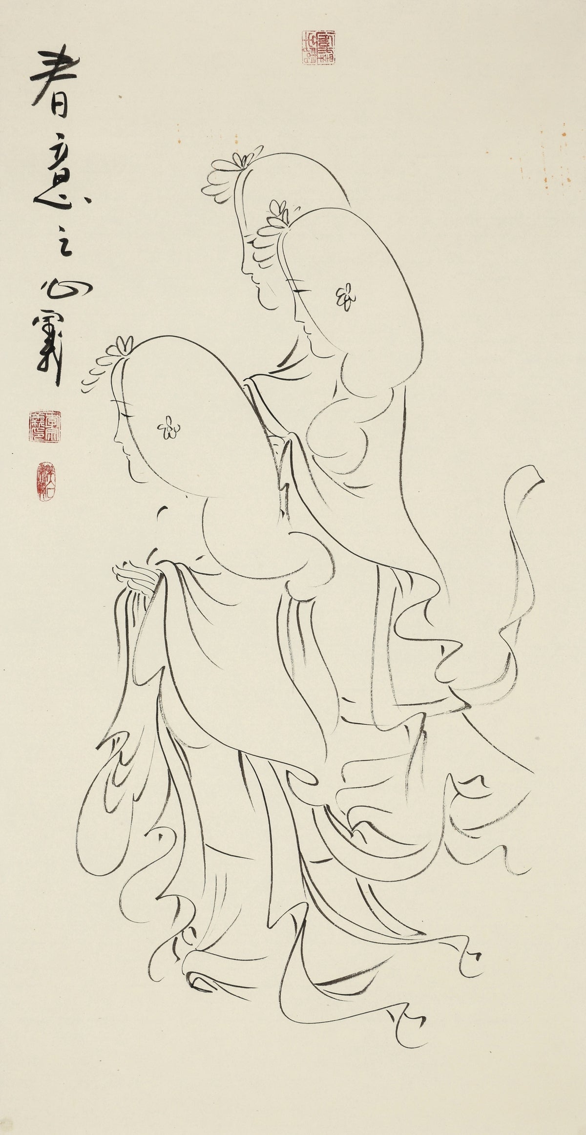 春意之心 - 李宗义手绘水墨白描仕女画 | A Heart Awakened by Spring - Li Zongyi Hand-Painted Chinese Baimiao Ink Lady Painting | 春を宿す心 - 李宗義手描き水墨白描仕女画
