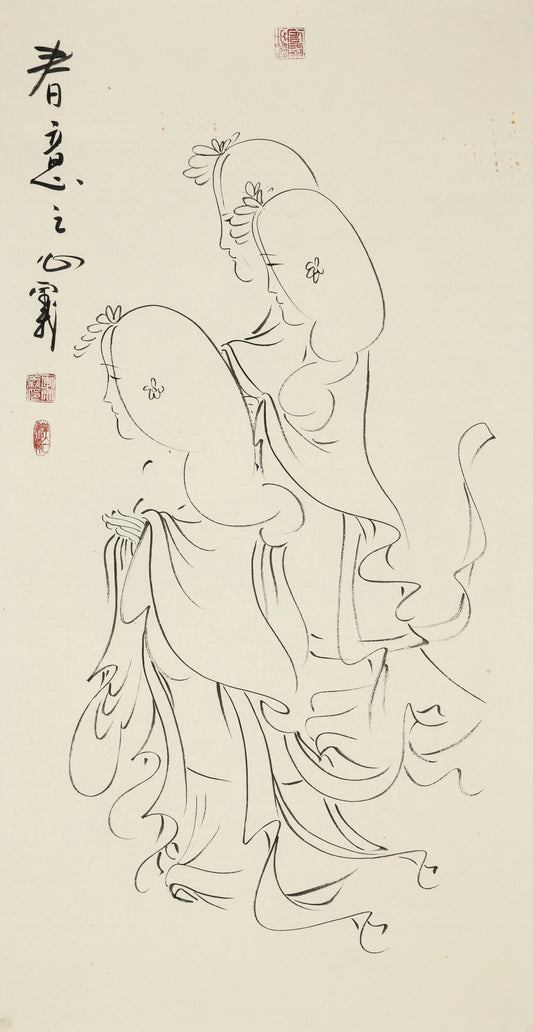 春意之心 - 李宗义手绘水墨白描仕女画 | A Heart Awakened by Spring - Li Zongyi Hand-Painted Chinese Baimiao Ink Lady Painting | 春を宿す心 - 李宗義手描き水墨白描仕女画