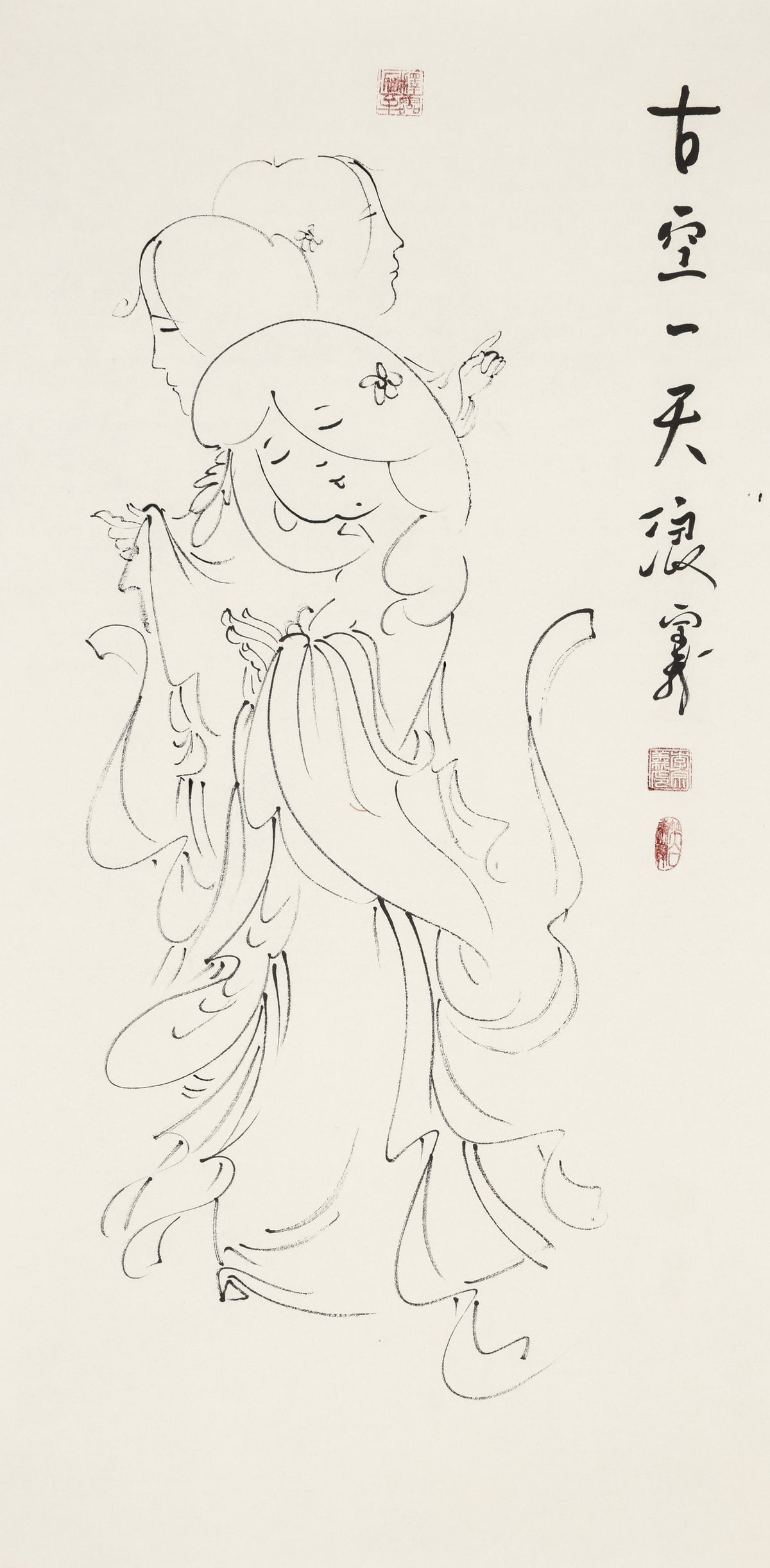 古空一天浪 - 李宗义手绘水墨白描仕女画 | Vast as the Ancient Sky - Li Zongyi Hand-Painted Chinese Baimiao Ink Lady Painting | 古き空、一天の浪 - 李宗義手描き水墨白描仕女画