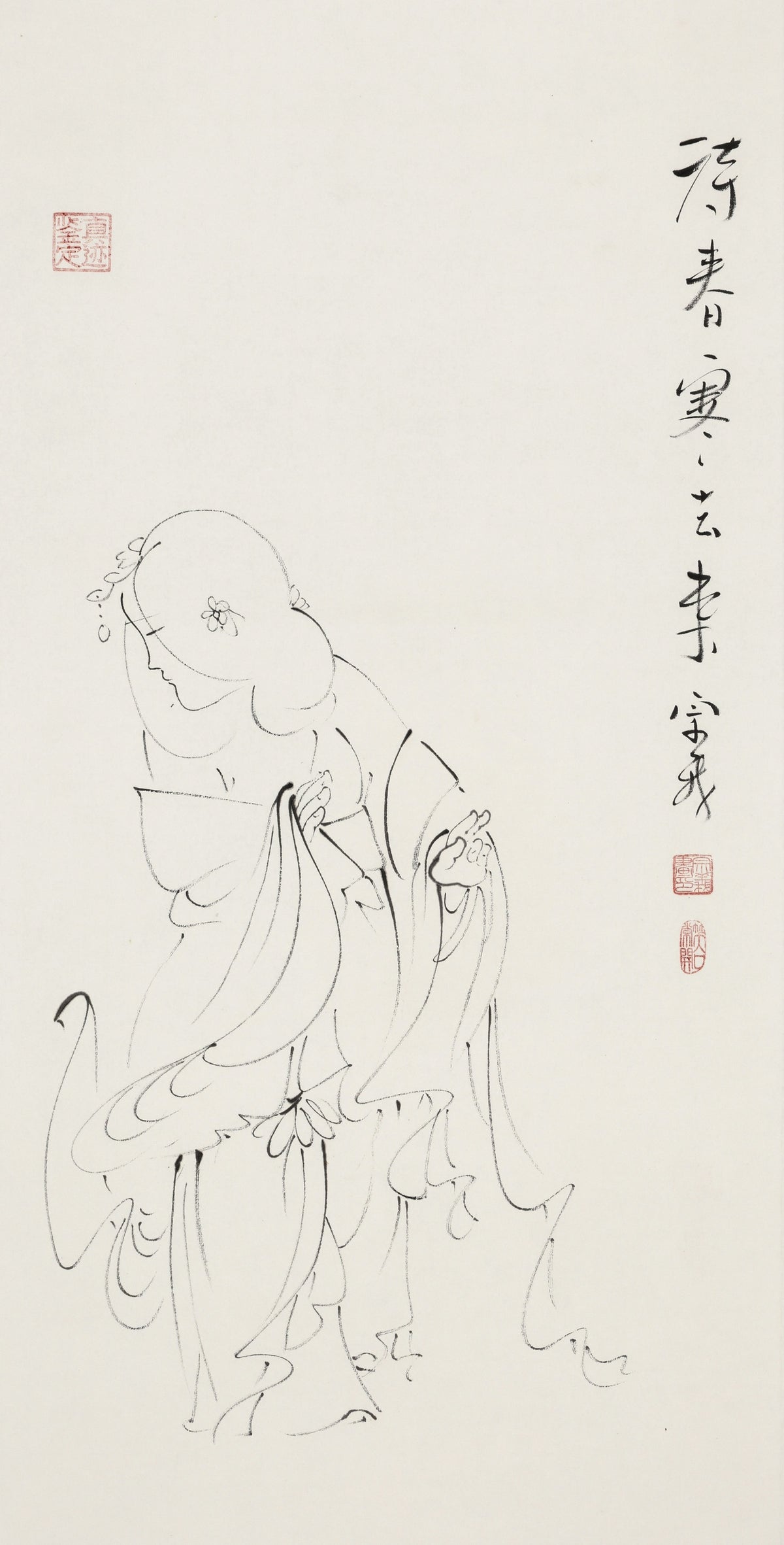 待春寒去来 - 李宗义手绘水墨白描仕女画 | Waiting for the Cold to Pass and Spring to Come - Li Zongyi Hand-Painted Chinese Baimiao Ink Lady Painting | 春寒の去るを待つ - 李宗義手描き水墨白描仕女画