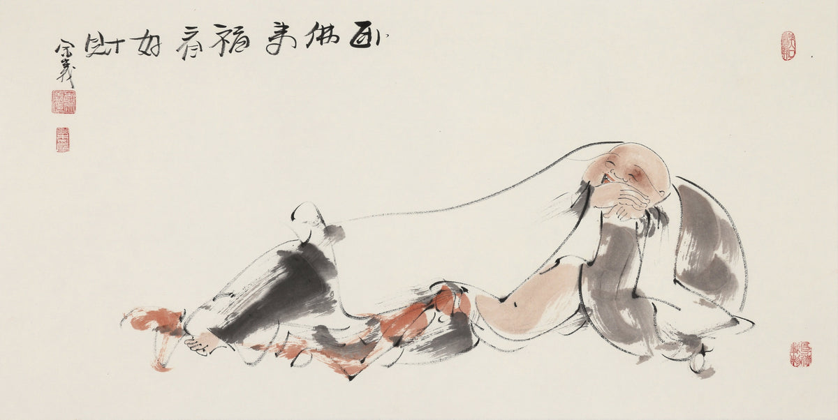 卧佛来福看好财 - 李宗义手绘水墨国画 | Reclining Buddha Greets Blessings and Wealth - Li Zongyi Hand-Painted Chinese Ink Painting | 寝仏、福と財を迎える - 李宗義手描き水墨国画