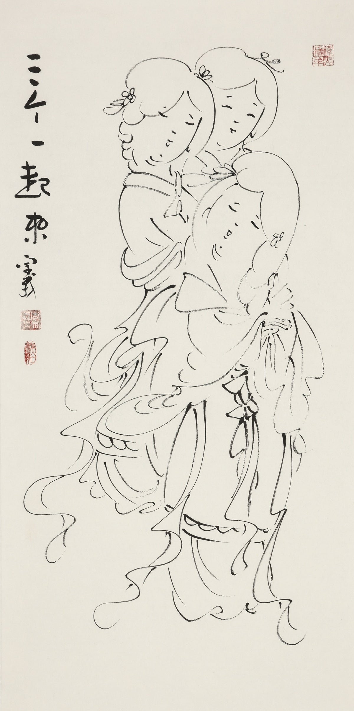 三个一起来 - 李宗义手绘水墨白描仕女画 | Three Come as One - Li Zongyi Hand-Painted Chinese Baimiao Ink Lady Painting | 三人揃ってやって来る - 李宗義手描き水墨白描仕女画