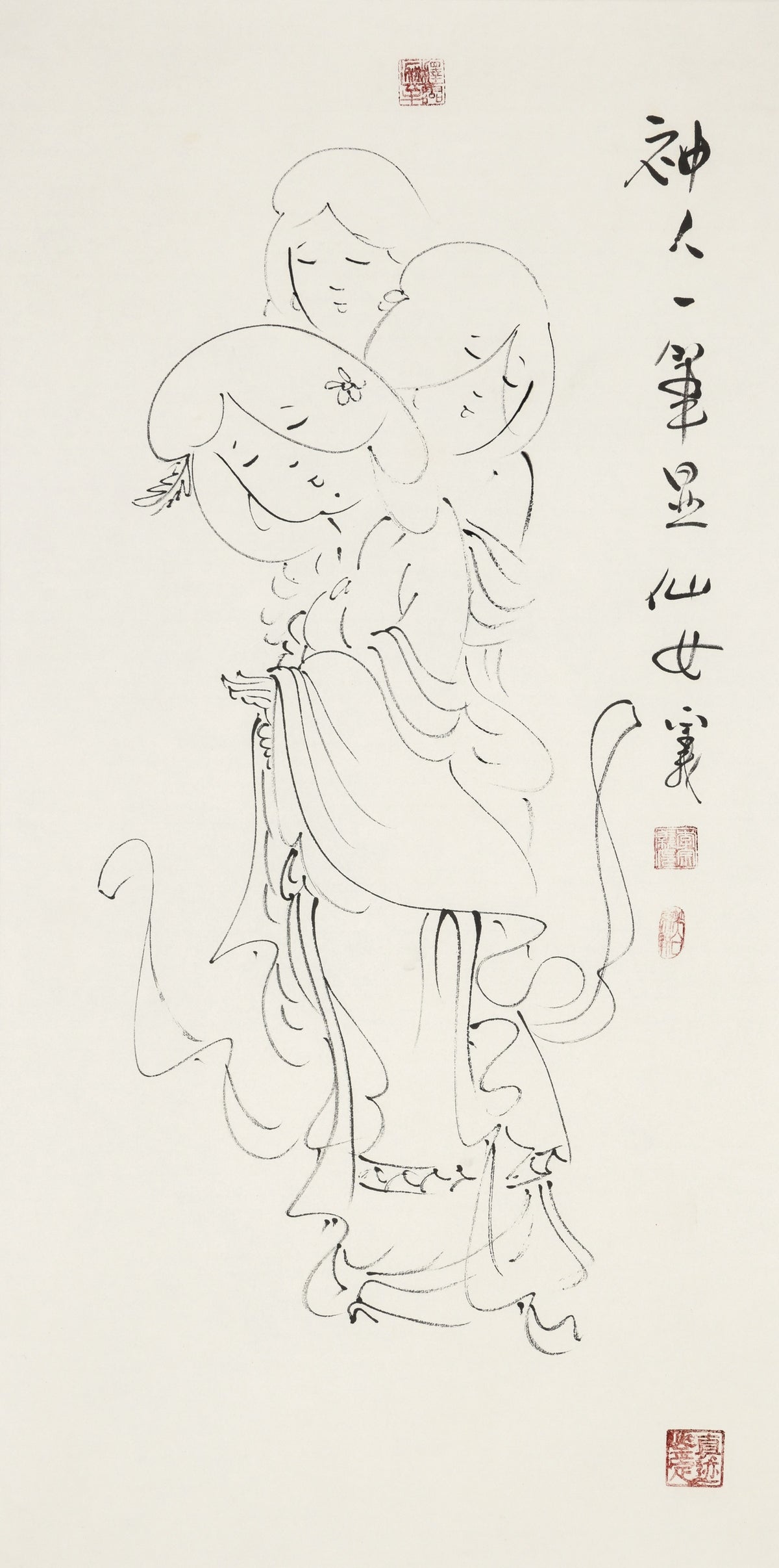 神人一笔显仙女 - 李宗义手绘水墨白描仕女画 | One Stroke Reveals a Celestial Maiden - Li Zongyi Hand-Painted Chinese Baimiao Ink Lady Painting | 一筆に現れる天女 - 李宗義手描き水墨白描仕女画