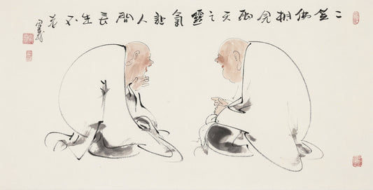 Two Laughing Buddhas Meet - Li Zongyi Hand-Painted Chinese Ink Laughing Buddha Figure