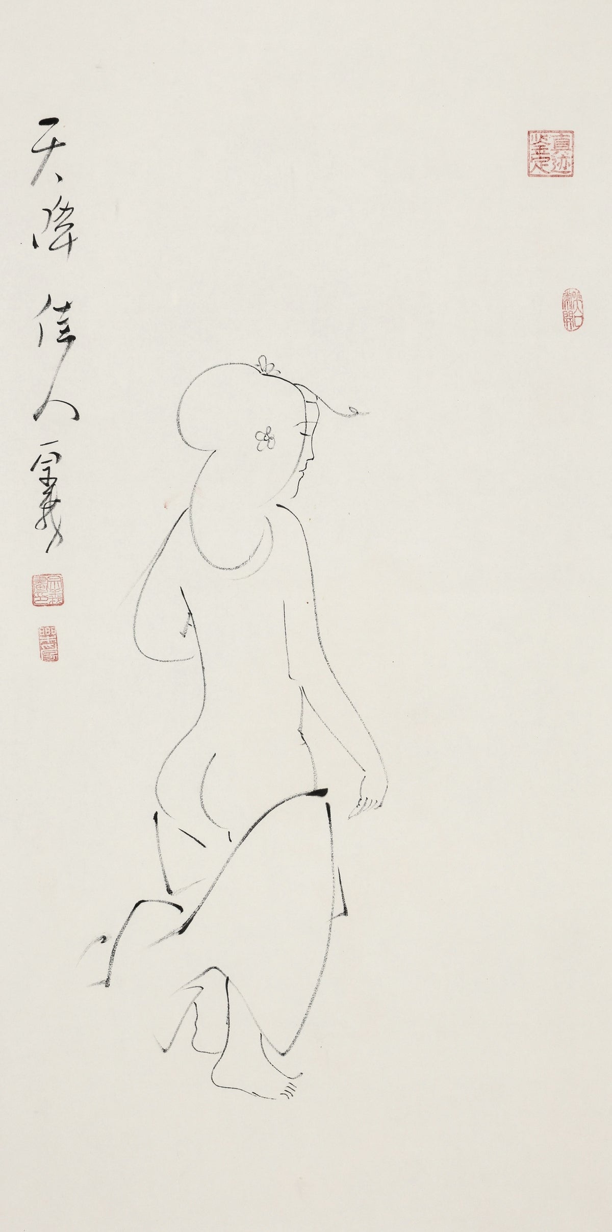 天降佳人 - 李宗义手绘水墨白描仕女画 | A Beauty Descends from Heaven - Li Zongyi Hand-Painted Chinese Baimiao Ink Lady Painting | 天より降る佳人 - 李宗義手描き水墨白描仕女画