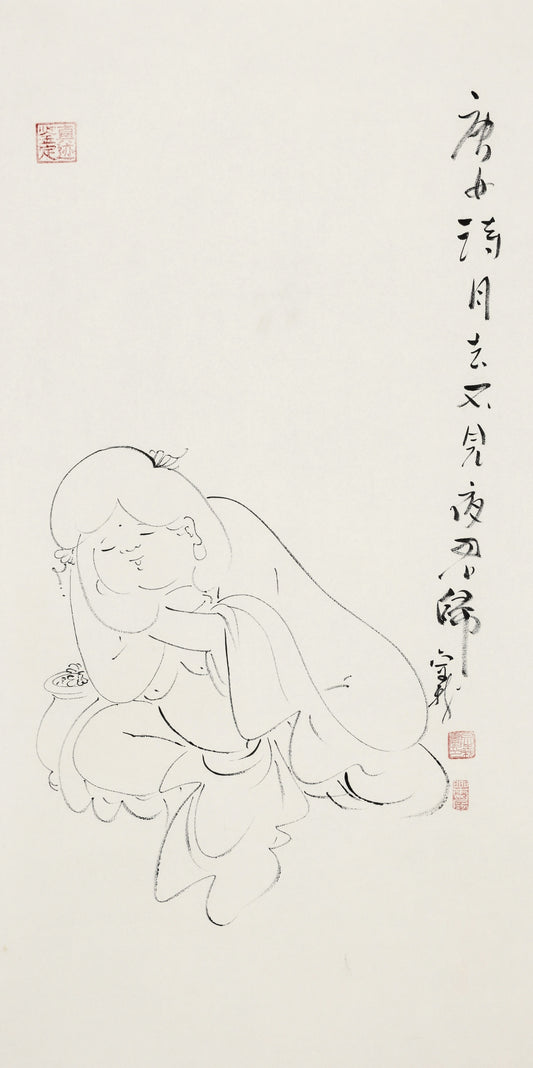 唐女诗月去 不见夜君归 - 李宗义手绘水墨白描仕女画 | A Tang Lady Watches the Moon; Her Lord Returns Not Tonight - Li Zongyi Hand-Painted Chinese Baimiao Ink Lady Painting | 唐女、月に詩し君の帰りを待つ - 李宗義手描き水墨白描仕女画