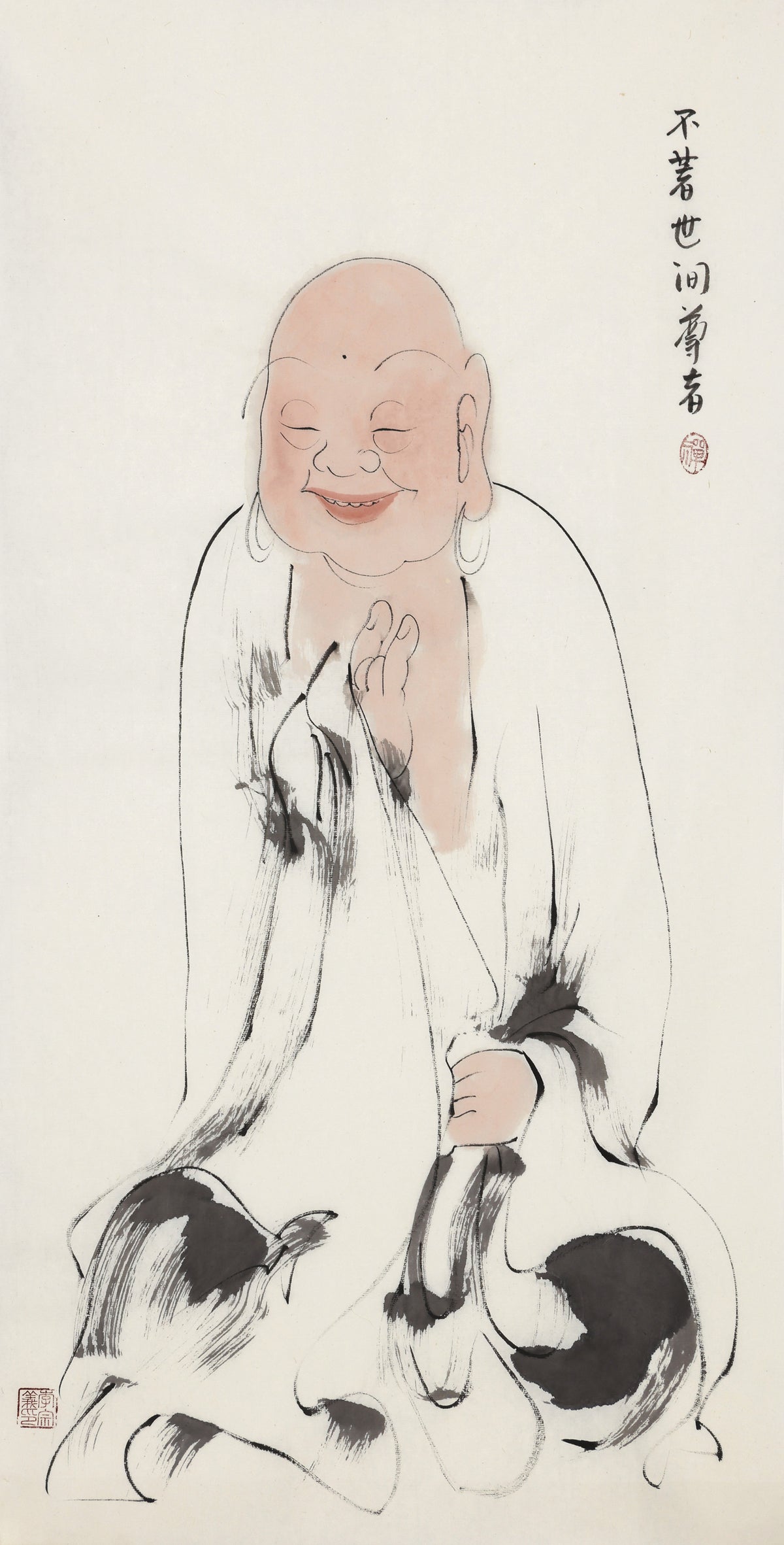 Five Hundred Arhats No.51 The Venerable Unattached to the World, Li Zongyi hand-painted Chinese ink Zen figure