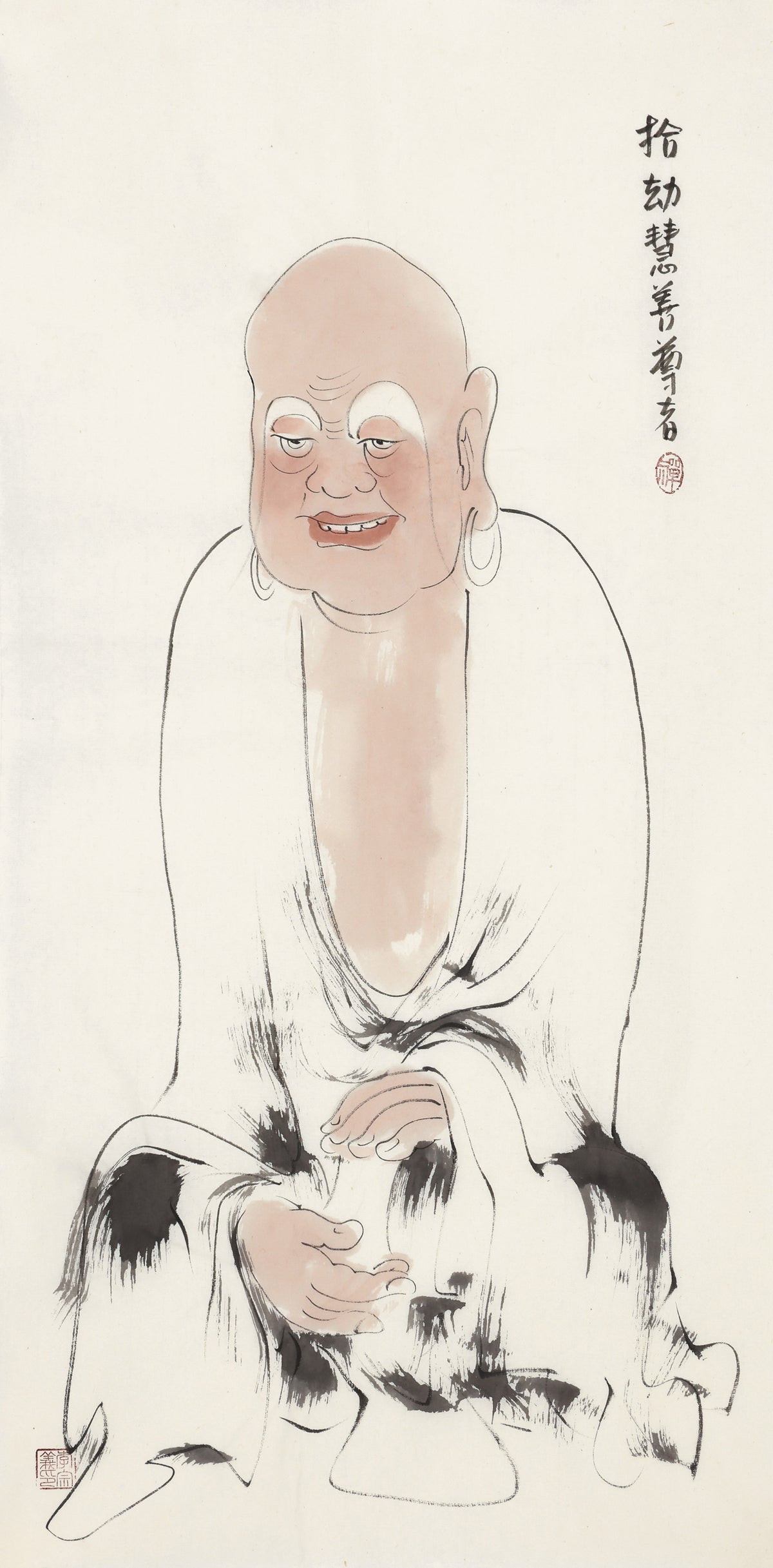 Five Hundred Arhats No.58 The Venerable Whose Wisdom and Goodness Ripen Through the Aeons, Li Zongyi hand-painted Chinese ink Zen figure