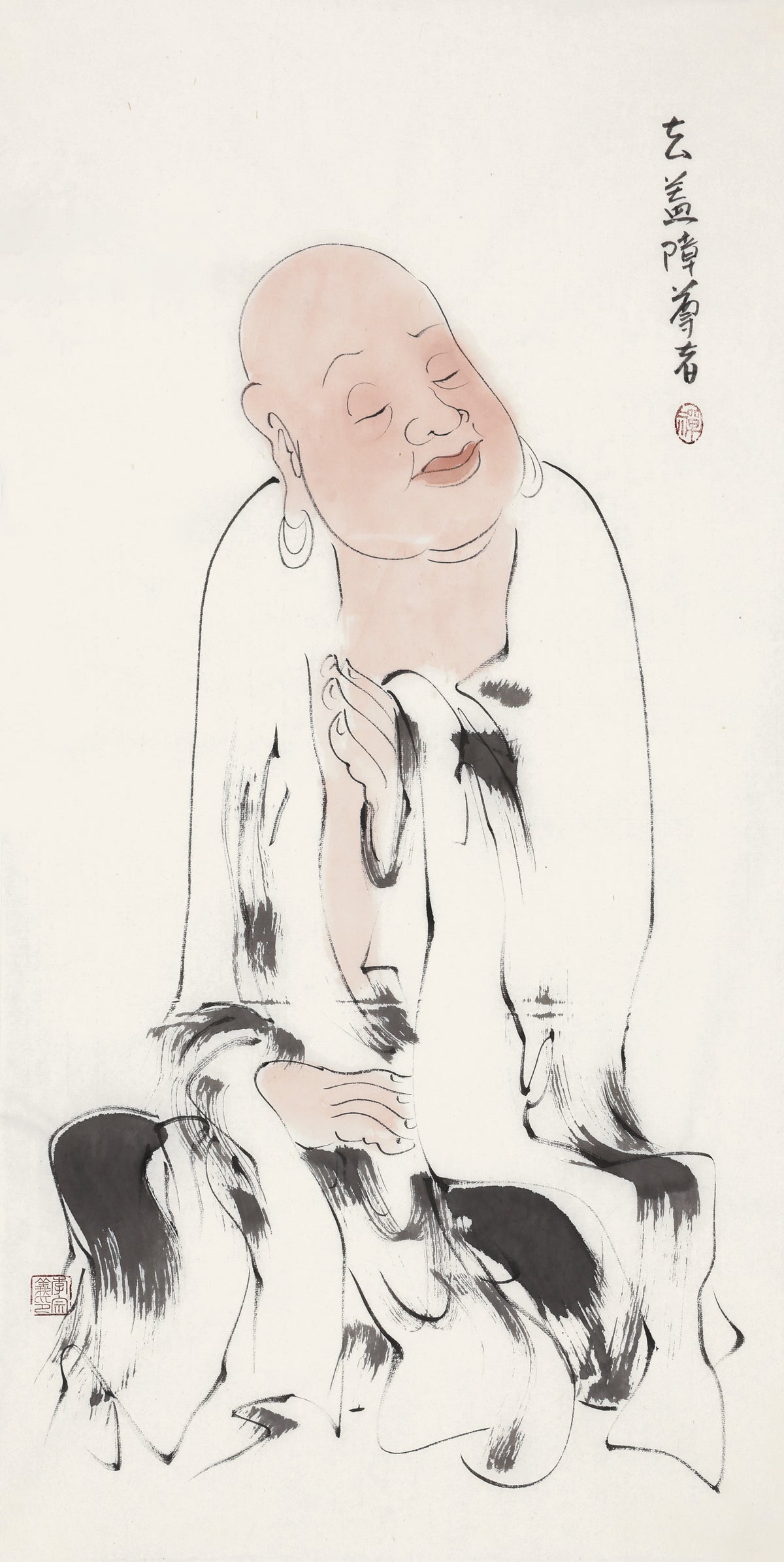 Five Hundred Arhats No.381 The Venerable Removing the Coverings, Li Zongyi hand-painted Chinese ink Zen figure