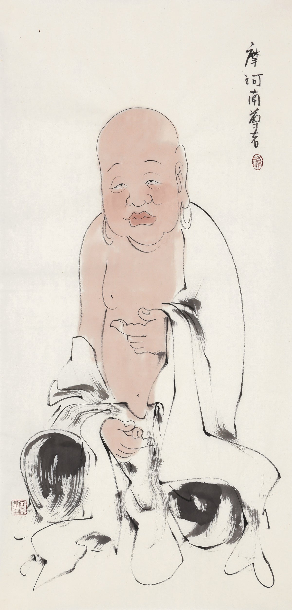 五百羅漢 第398尊 摩訶南尊者（マハーナンダ・大歓喜） 李宗義手描き水墨の禅人物画