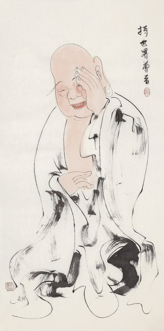 Five Hundred Arhats No.420 The Venerable Upholding the World, Li Zongyi hand-painted Chinese ink Zen figure