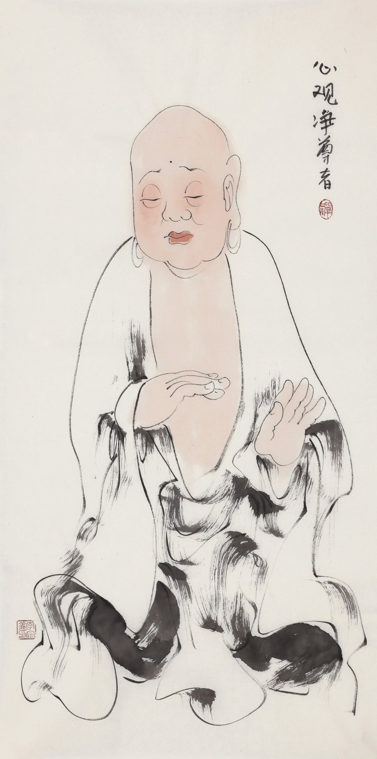 Five Hundred Arhats No.436 The Venerable Pure Heart-Contemplation, Li Zongyi hand-painted Chinese ink Zen figure