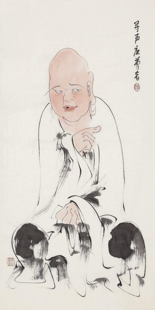 五百羅漢 第491尊 尋声応尊者 李宗義手描き水墨の禅人物画