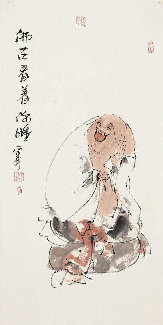 笑 | 佛在看着你睡|传统手绘水墨国画人物画|100*50cm