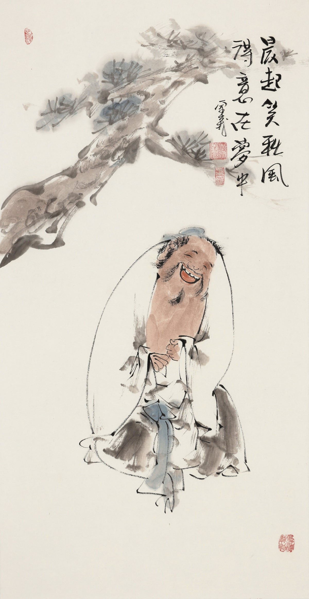 晨起笑秋风 得意在梦中 - 李宗义手绘水墨笑佛人物画