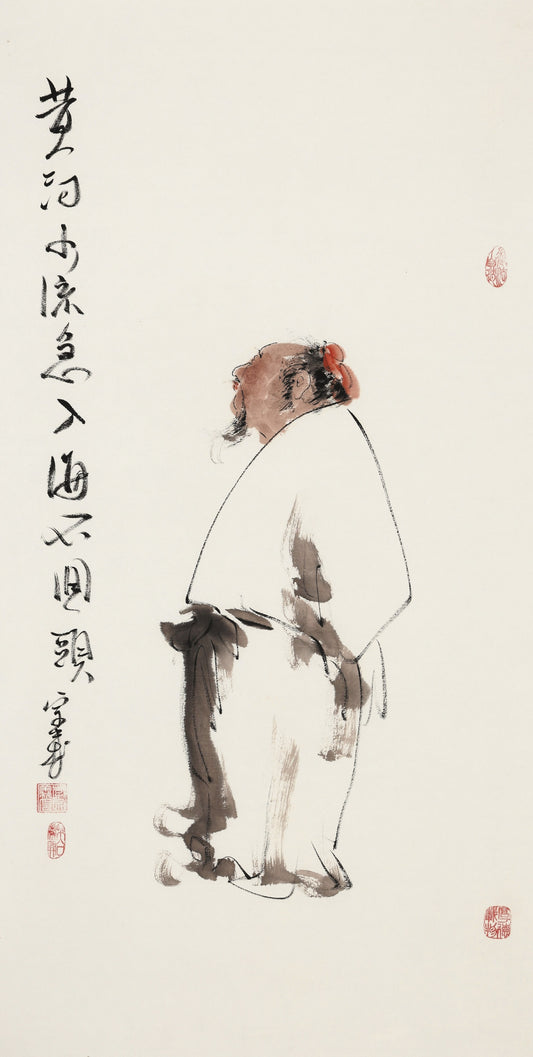 笑 | 黄河水流急入海不回头|传统手绘水墨国画人物画|100*50cm
