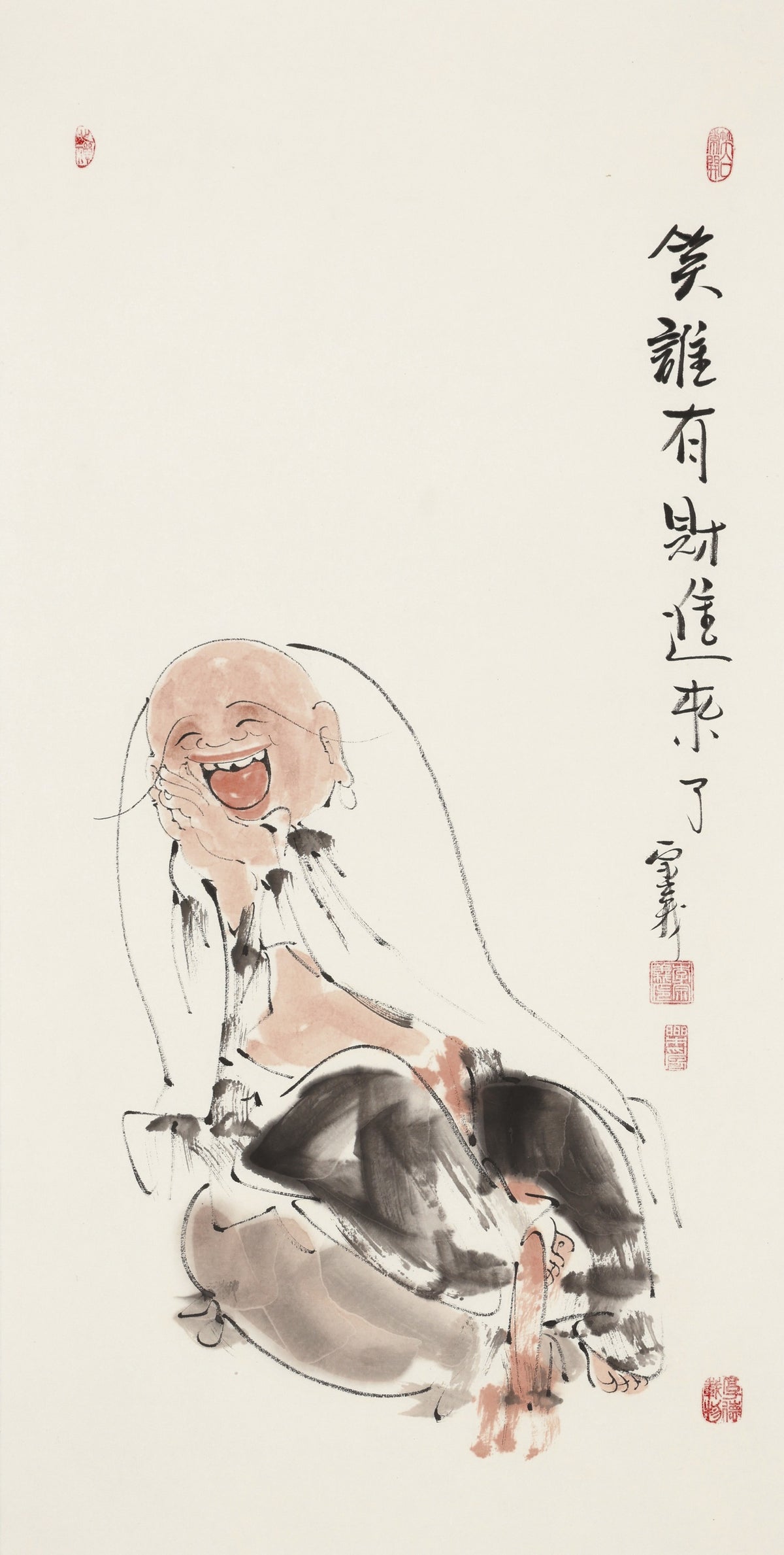 Laugh—Who Has Wealth Coming In? - Li Zongyi Hand-Painted Chinese Ink Laughing Buddha Figure