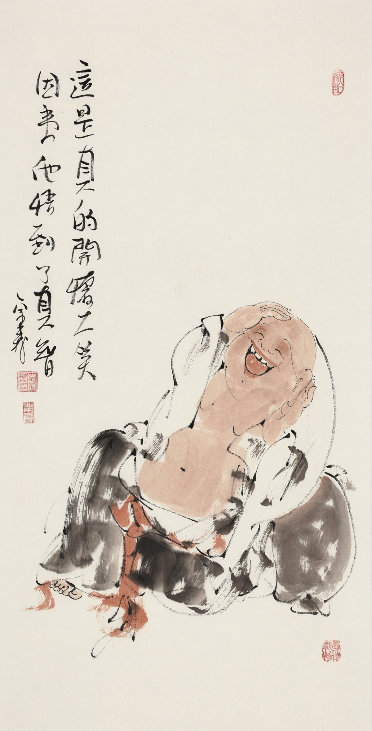 这是真的开怀大笑 因为他悟到了真智 - 李宗义手绘水墨笑佛人物画