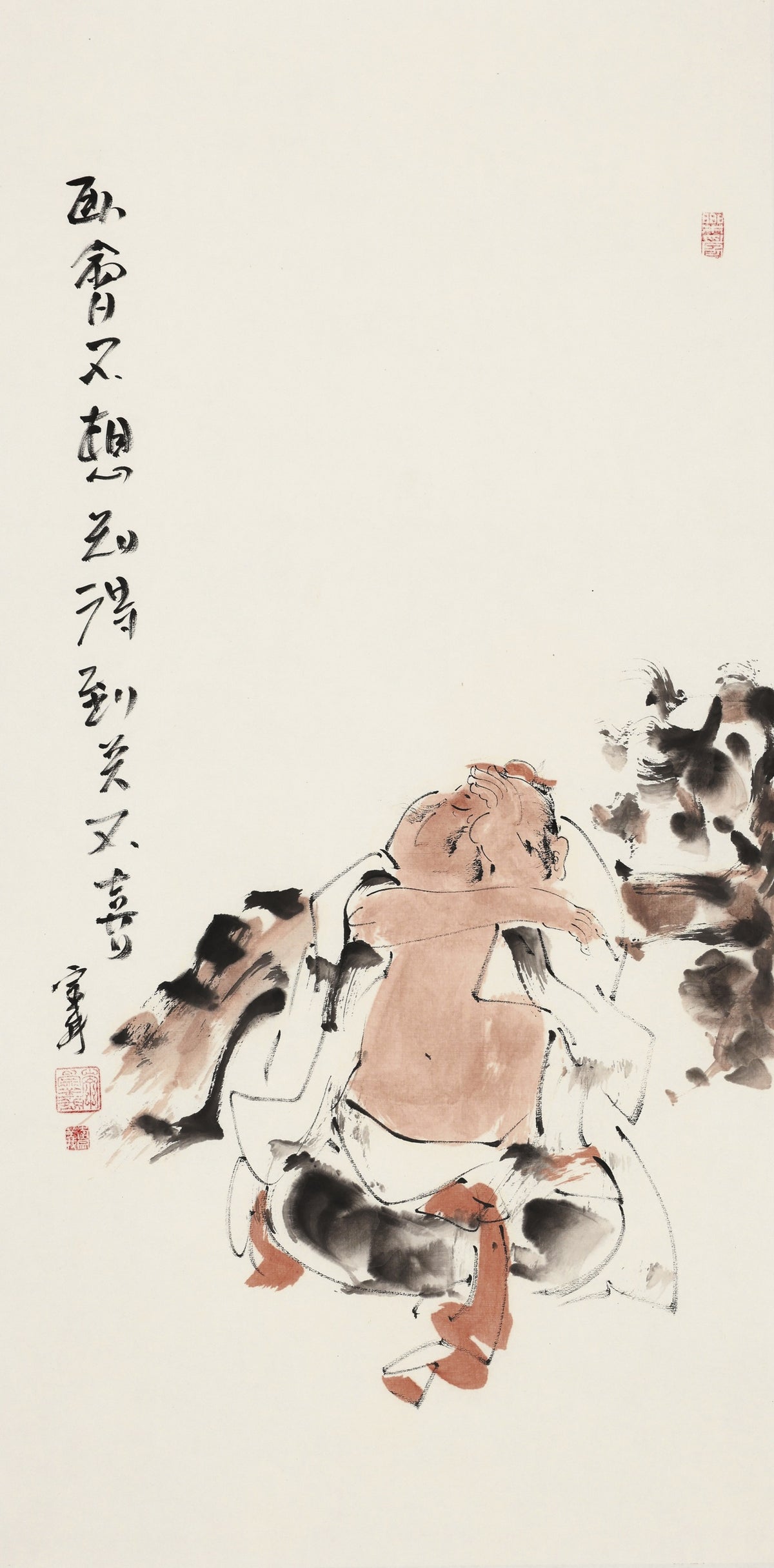 卧着不想到得到美又喜 - 李宗义手绘水墨笑佛人物画