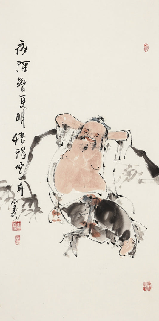 Deep in the Night, Clarity Grows—Emptiness Awakens in the Body - Li Zongyi Hand-Painted Chinese Ink Zen Figure