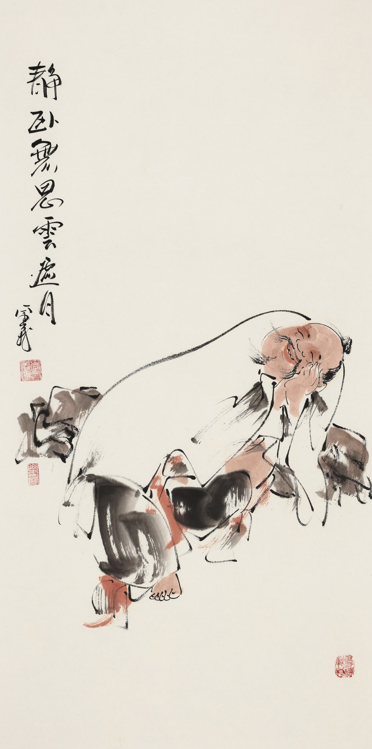 静卧无思云遮月 - 李宗义手绘水墨禅意人物画