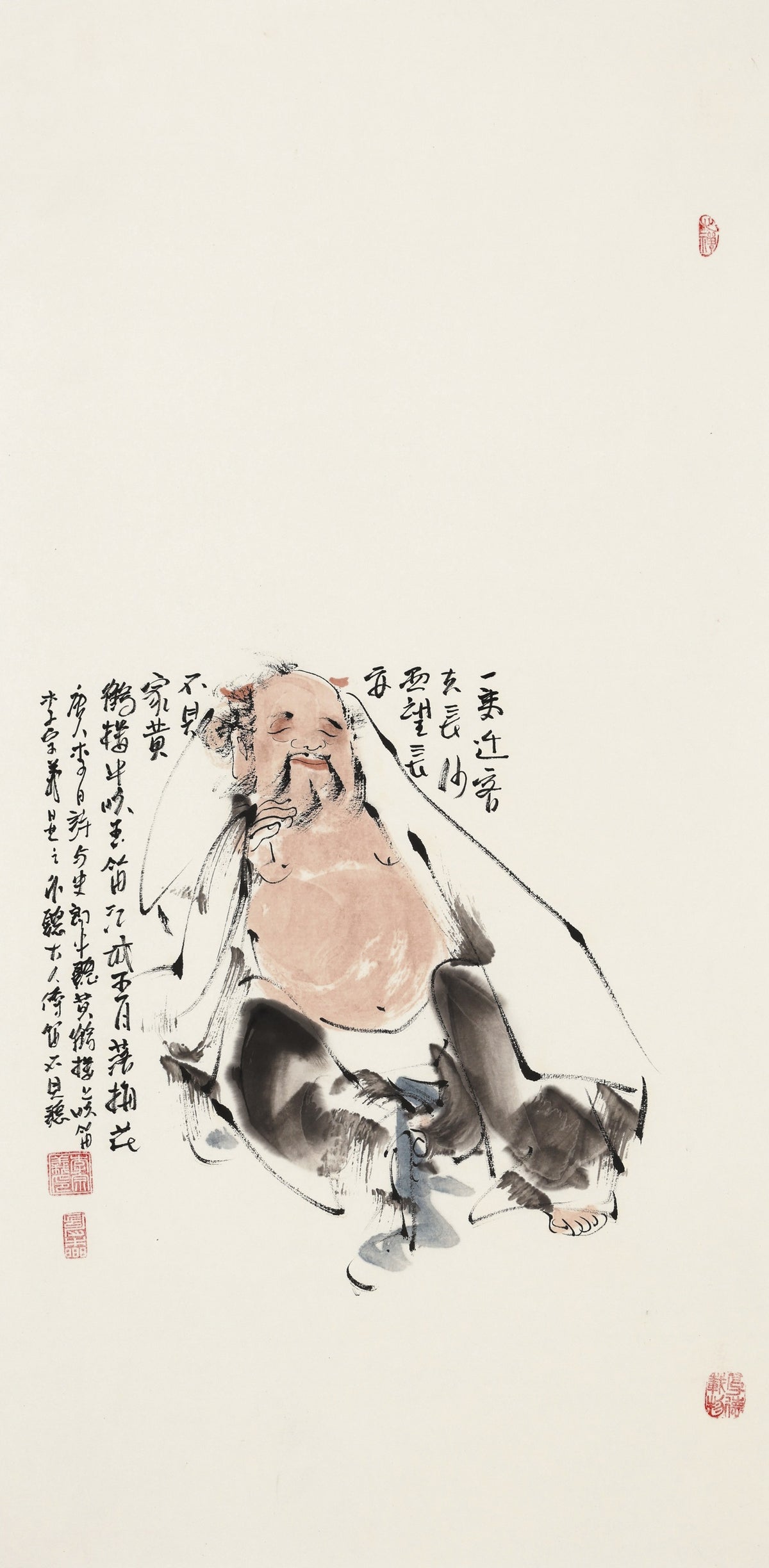 唐代李白《与史郎中钦听黄鹤楼上吹笛》 - 李宗义手绘水墨文人人物画