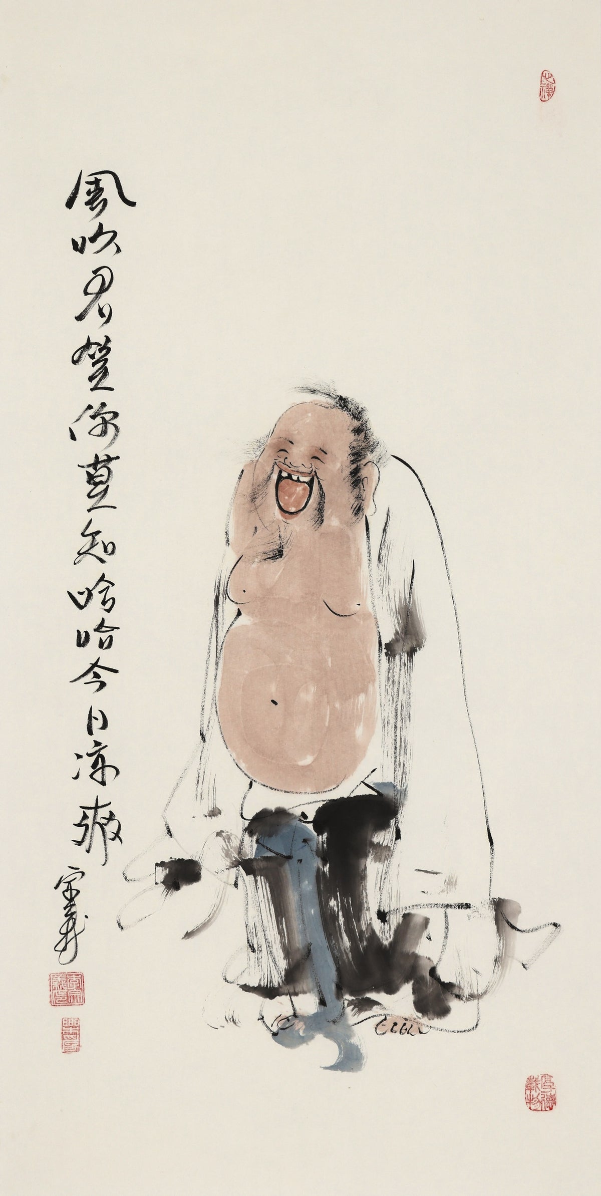 风吹君灯你莫知哈哈今日凉爽 - 李宗义手绘水墨笑佛人物画