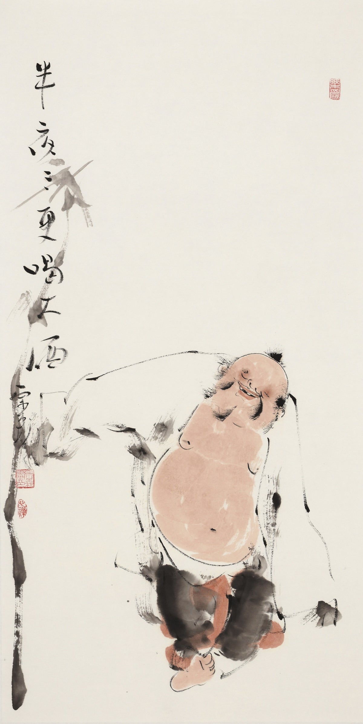 夜中の三時、大いに酒を飲む - 李宗義手描き水墨 写意人物画