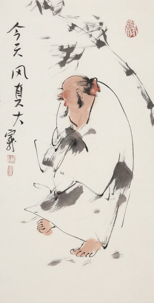 笑 | 今天风真大大|传统手绘水墨国画人物画|100*50cm