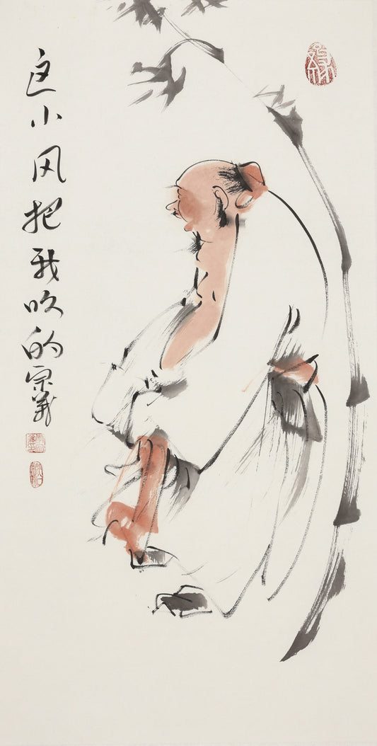 笑 | 这小风把我吹的|传统手绘水墨国画人物画|100*50cm