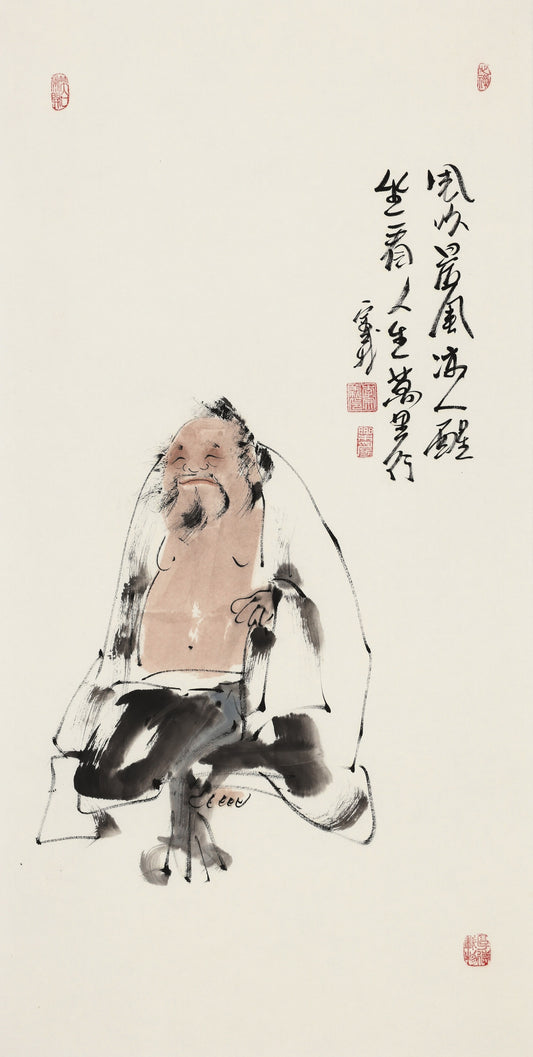 笑 | 风吹风流人醒 坐看人生万里行|传统手绘水墨国画人物画|100*50cm
