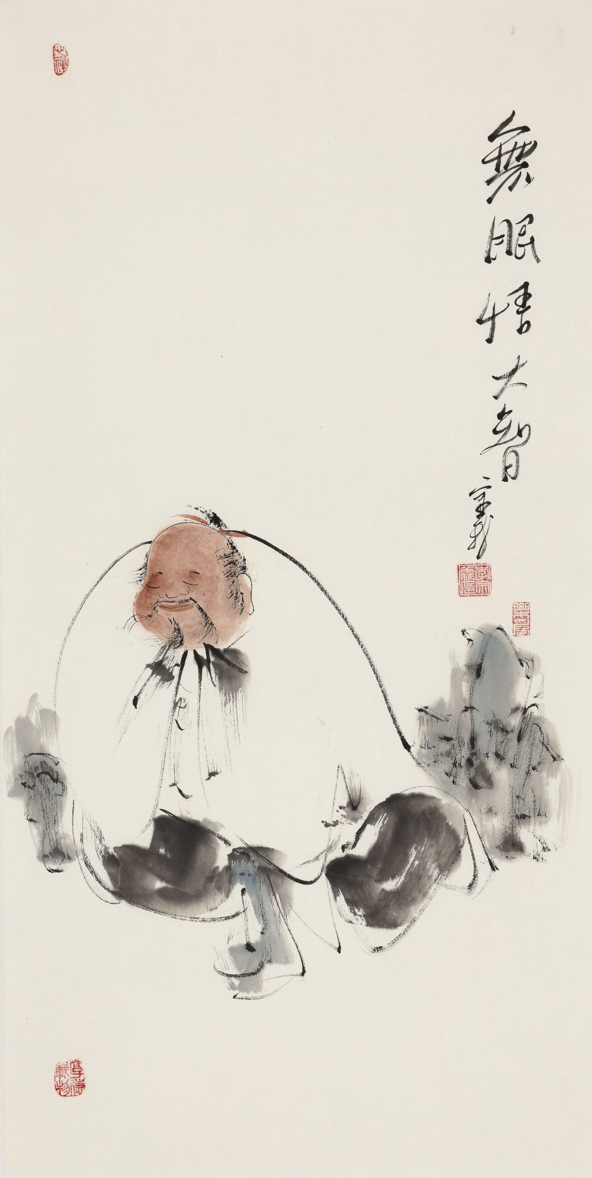 笑 | 无眠悟大智|传统手绘水墨国画人物画|100*50cm