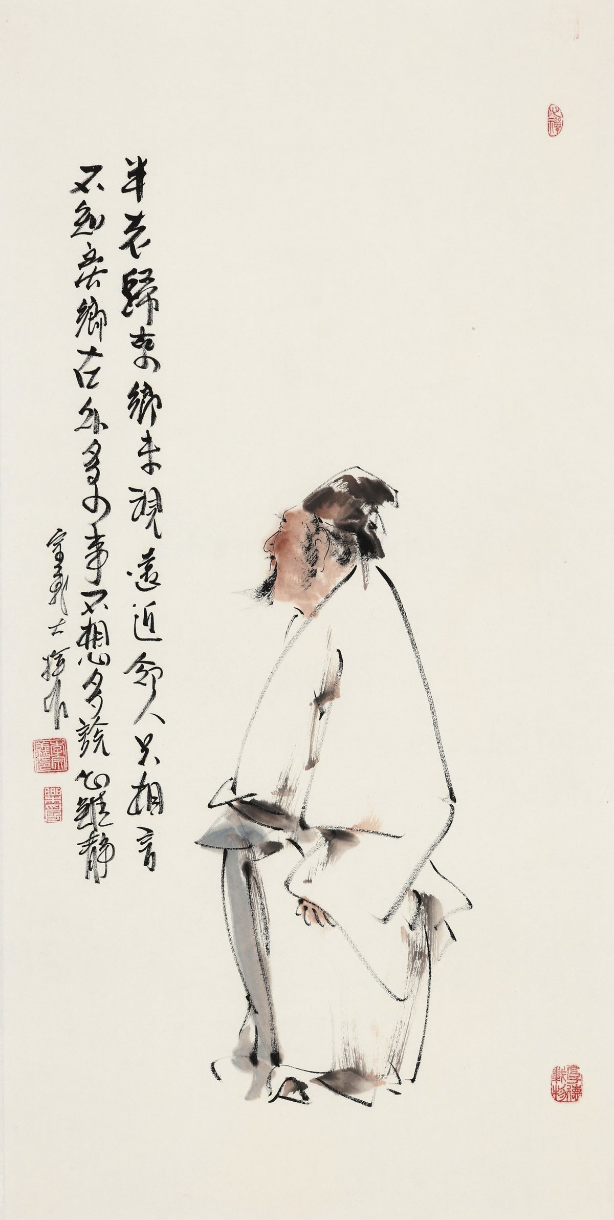 半老归来终未现 道近邻人只相言 不知客乡在外多少事 不想多说心难静 - 李宗义手绘水墨禅意人物画