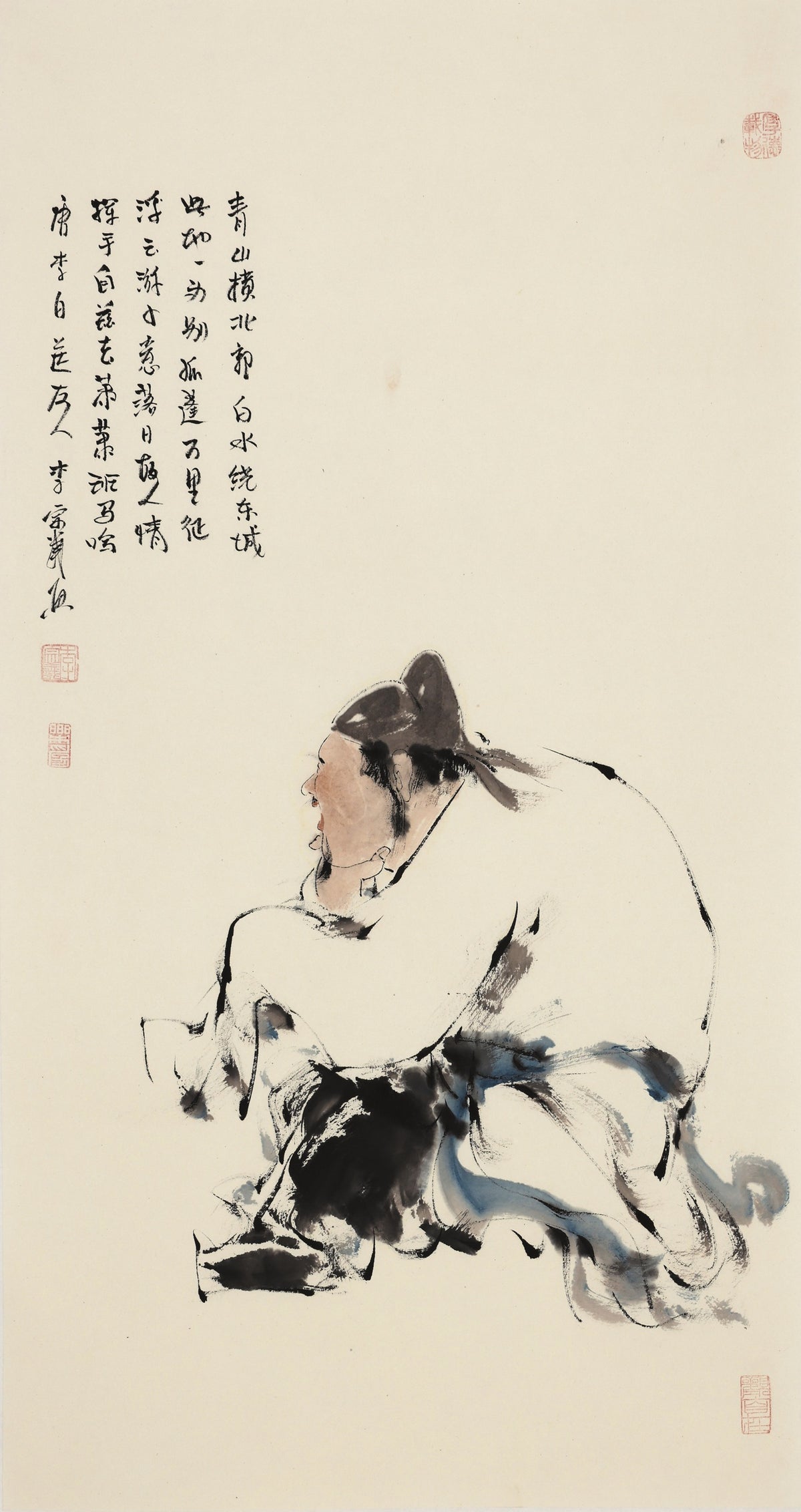 笑 | 唐代李白《送友人》|传统手绘水墨国画人物画|100*50cm